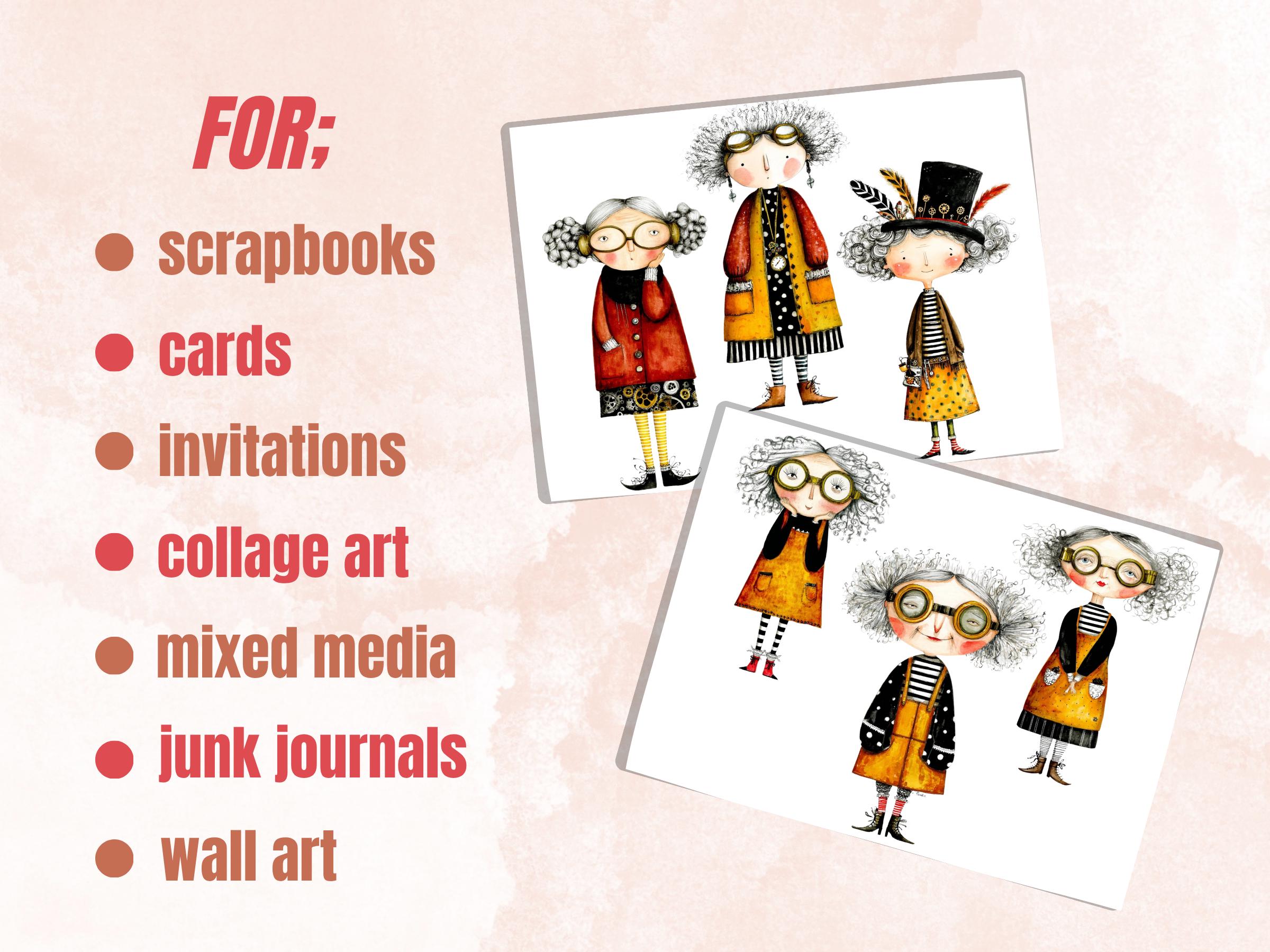 Steampunk Grandmas Fussy Cut Printable, 35 Whimsical Vintage Grandma Cutouts, Gothic Ephemera Junk Journal Scrapbook Sheets