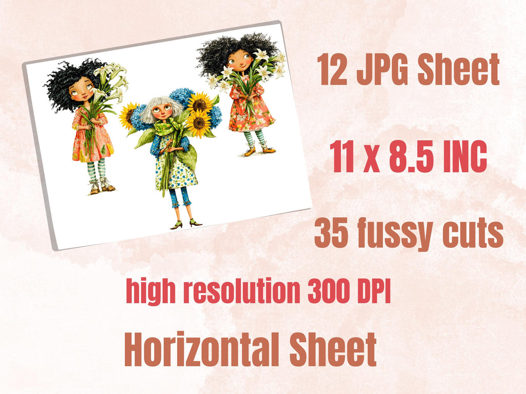 Quirky Girls with Flowers Fussy Cut Printable, 35 Floral Girl Cutouts, Botanical Ephemera Junk Journal Scrapbook Sheets