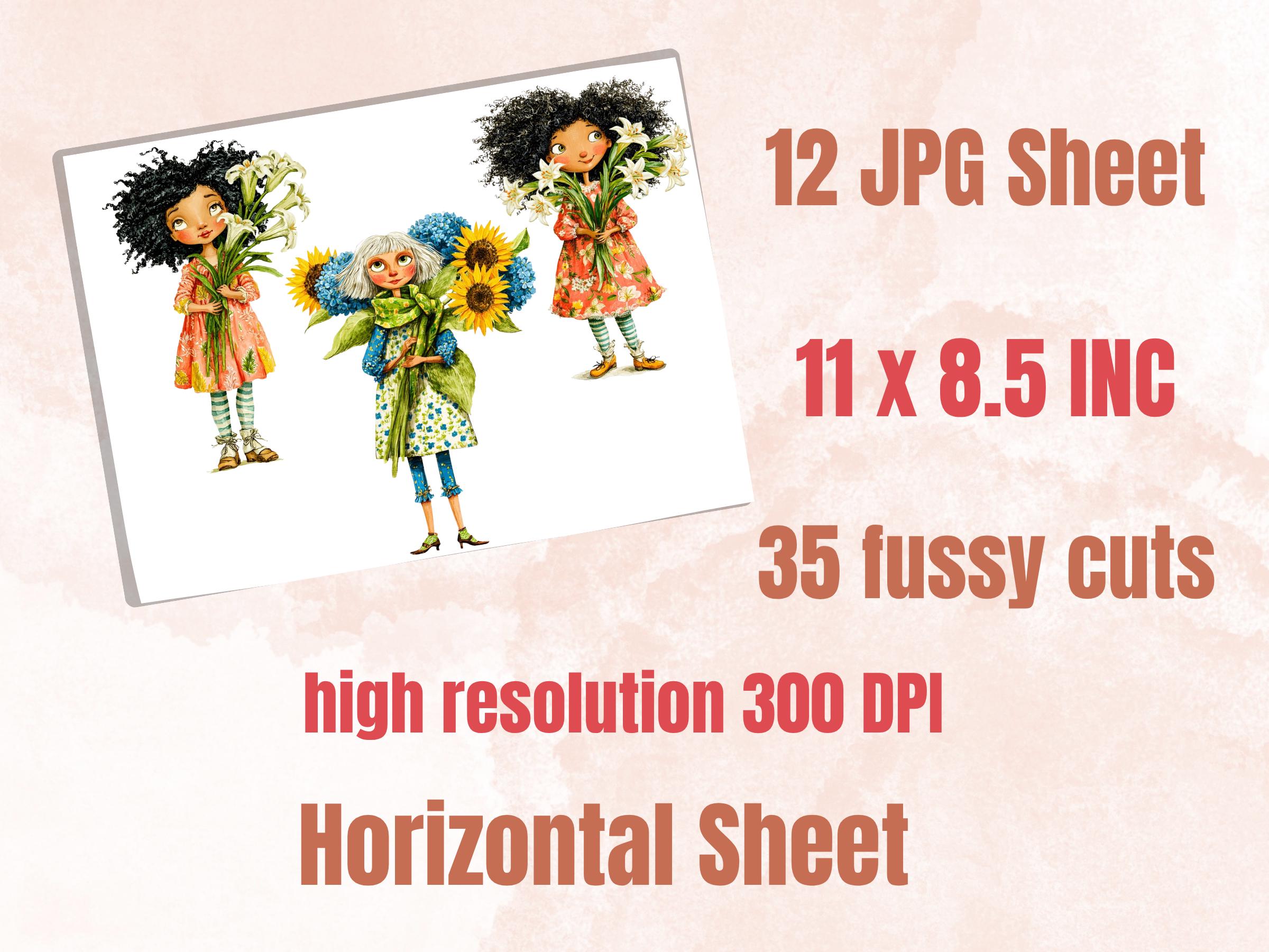 Quirky Girls with Flowers Fussy Cut Printable, 35 Floral Girl Cutouts, Botanical Ephemera Junk Journal Scrapbook Sheets