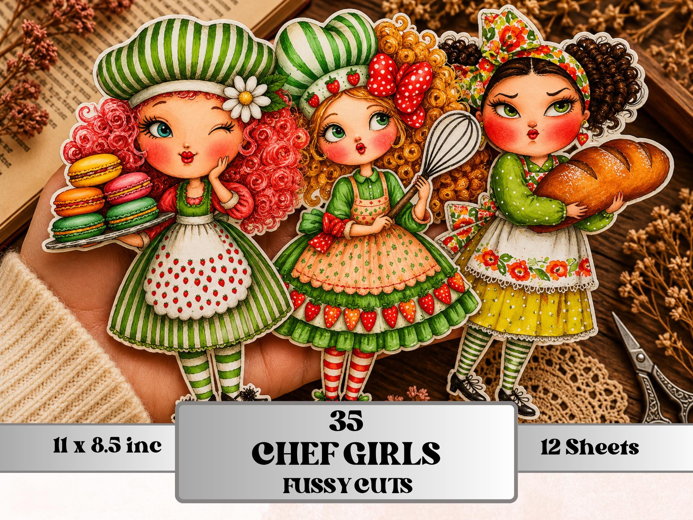 Curvy Chef Girls Fussy Cut Printable, 35 Quirky Cooking Girl Cutouts, Kitchen Ephemera Junk Journal Scrapbook Sheets