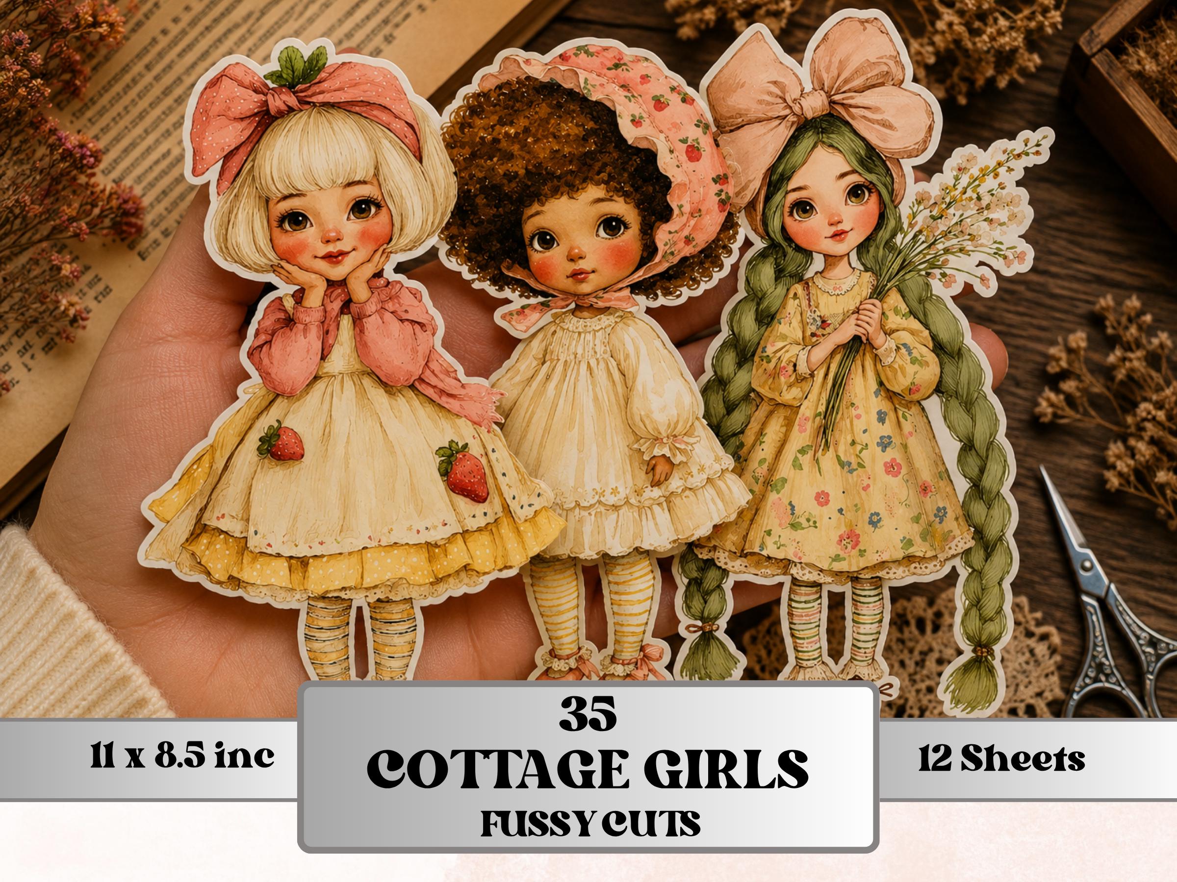 Cottage Girls Fussy Cut Printable, 35 Whimsical Cottagecore Girl Cutouts, Cozy Ephemera Junk Journal Scrapbook Sheets