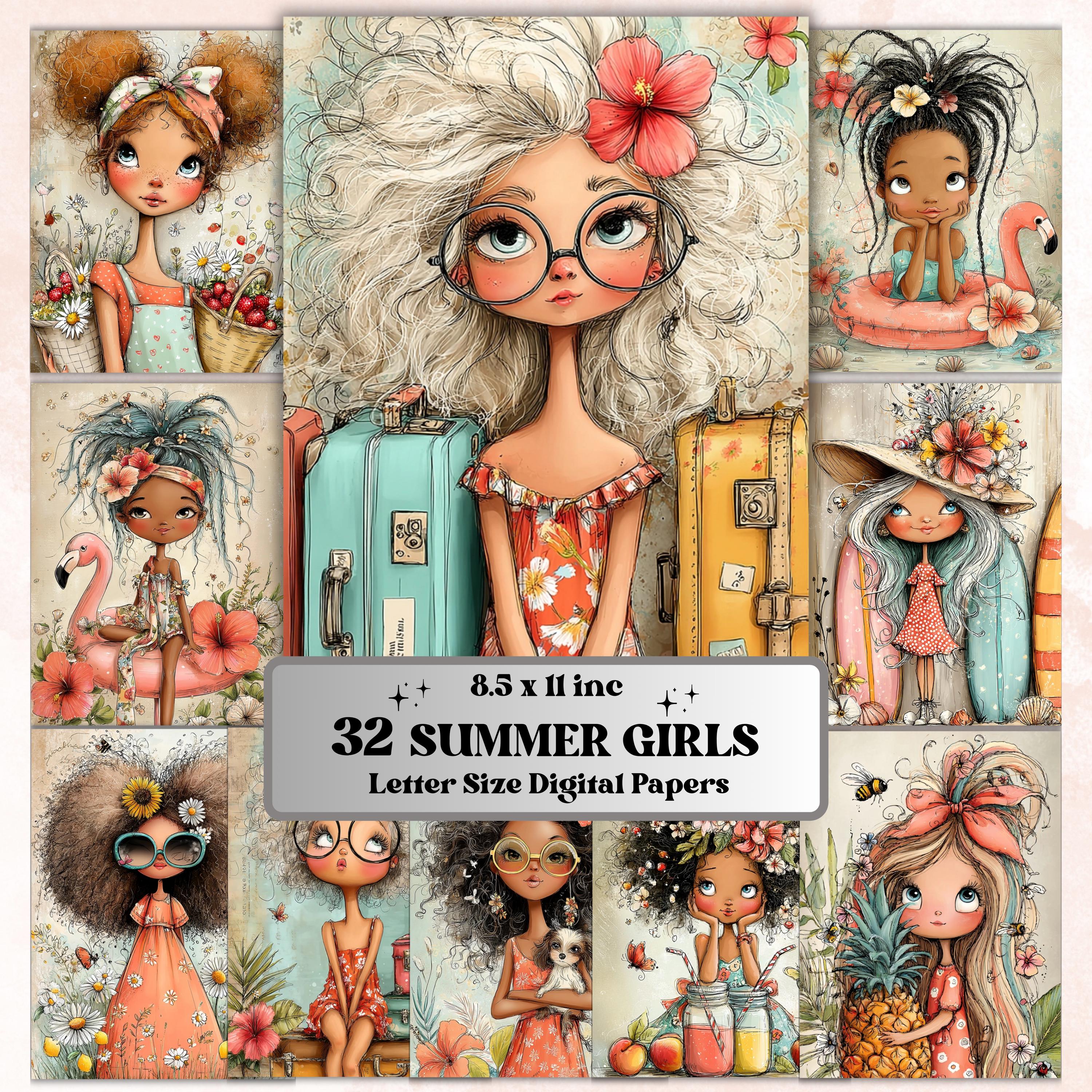 Whimsical Summer Girls Digital Paper | Boho Junk Journal Scrapbook Printable Pack, 32 Sheets Letter Size Instant Download
