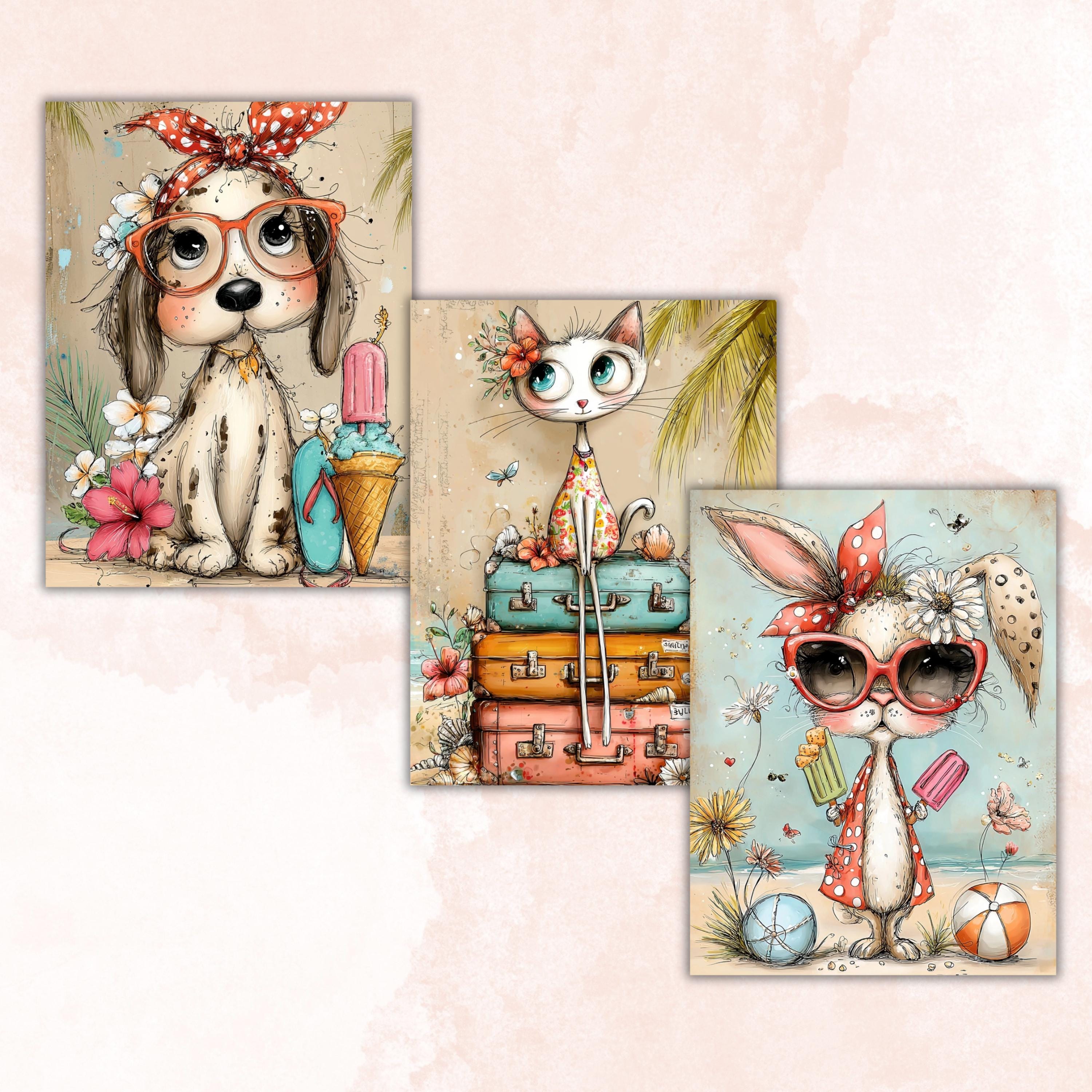 Quirky Summer Animals Digital Paper Pack | Whimsical Wildlife Junk Journal Scrapbook Printable, 32 Sheets Letter Size Instant Download