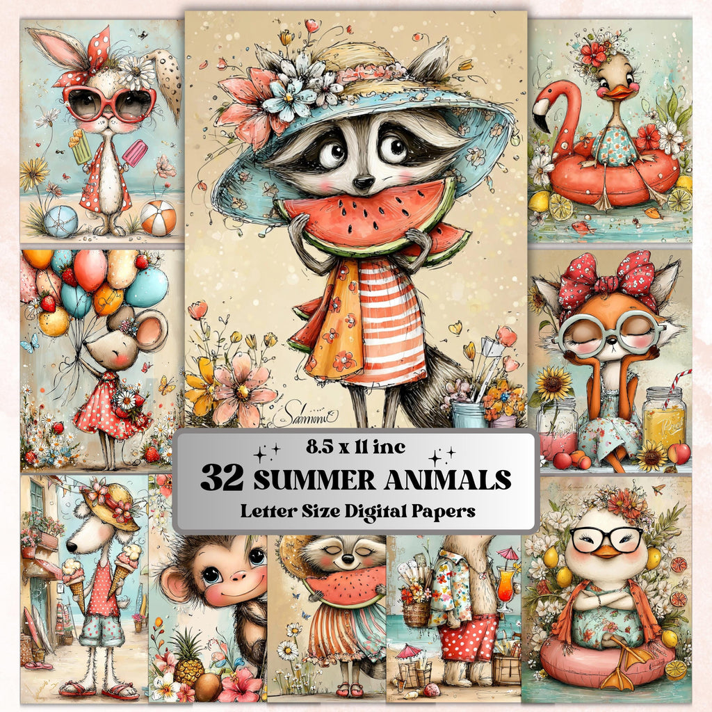 Quirky Summer Animals Digital Paper Pack | Whimsical Wildlife Junk Journal Scrapbook Printable, 32 Sheets Letter Size Instant Download