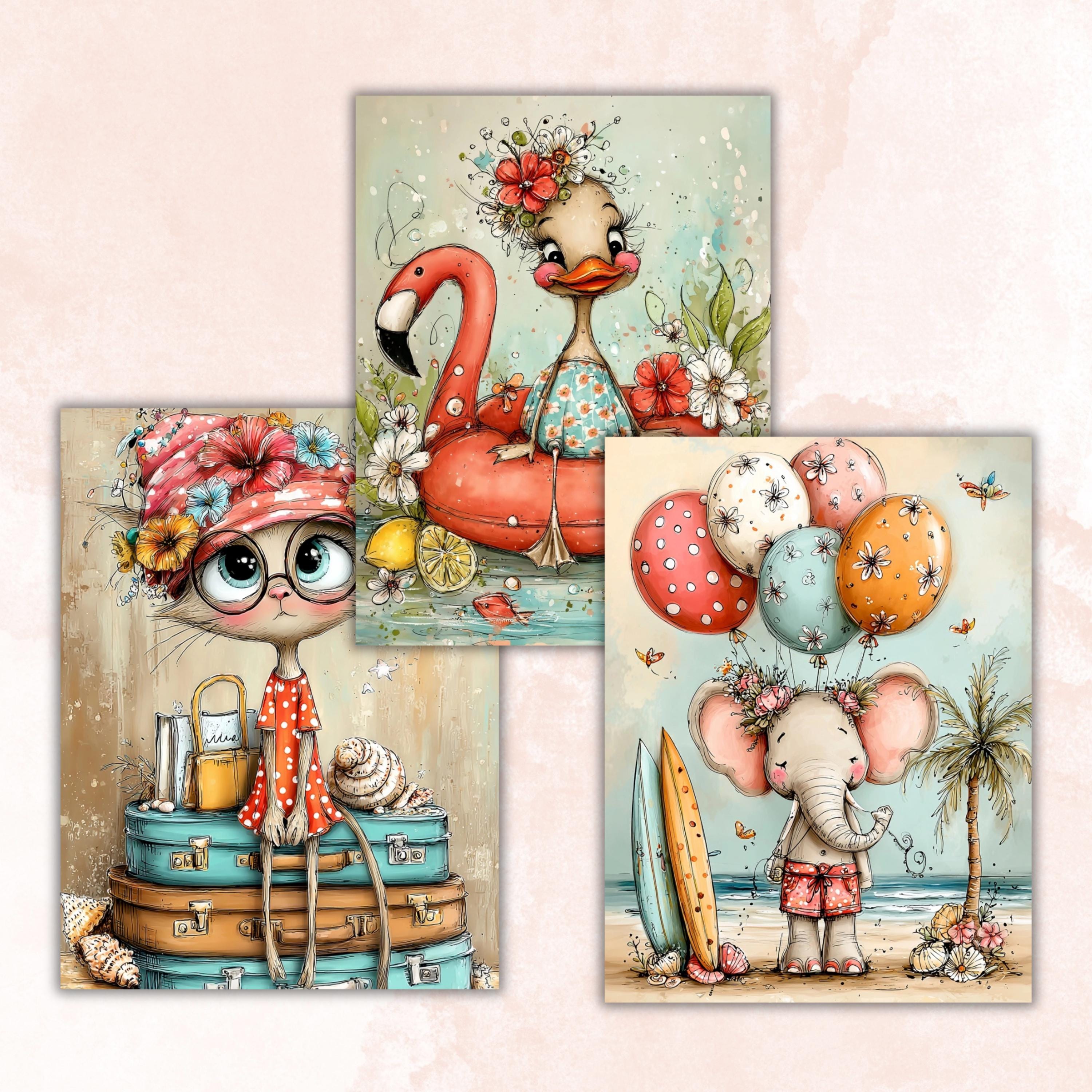 Quirky Summer Animals Digital Paper Pack | Whimsical Wildlife Junk Journal Scrapbook Printable, 32 Sheets Letter Size Instant Download