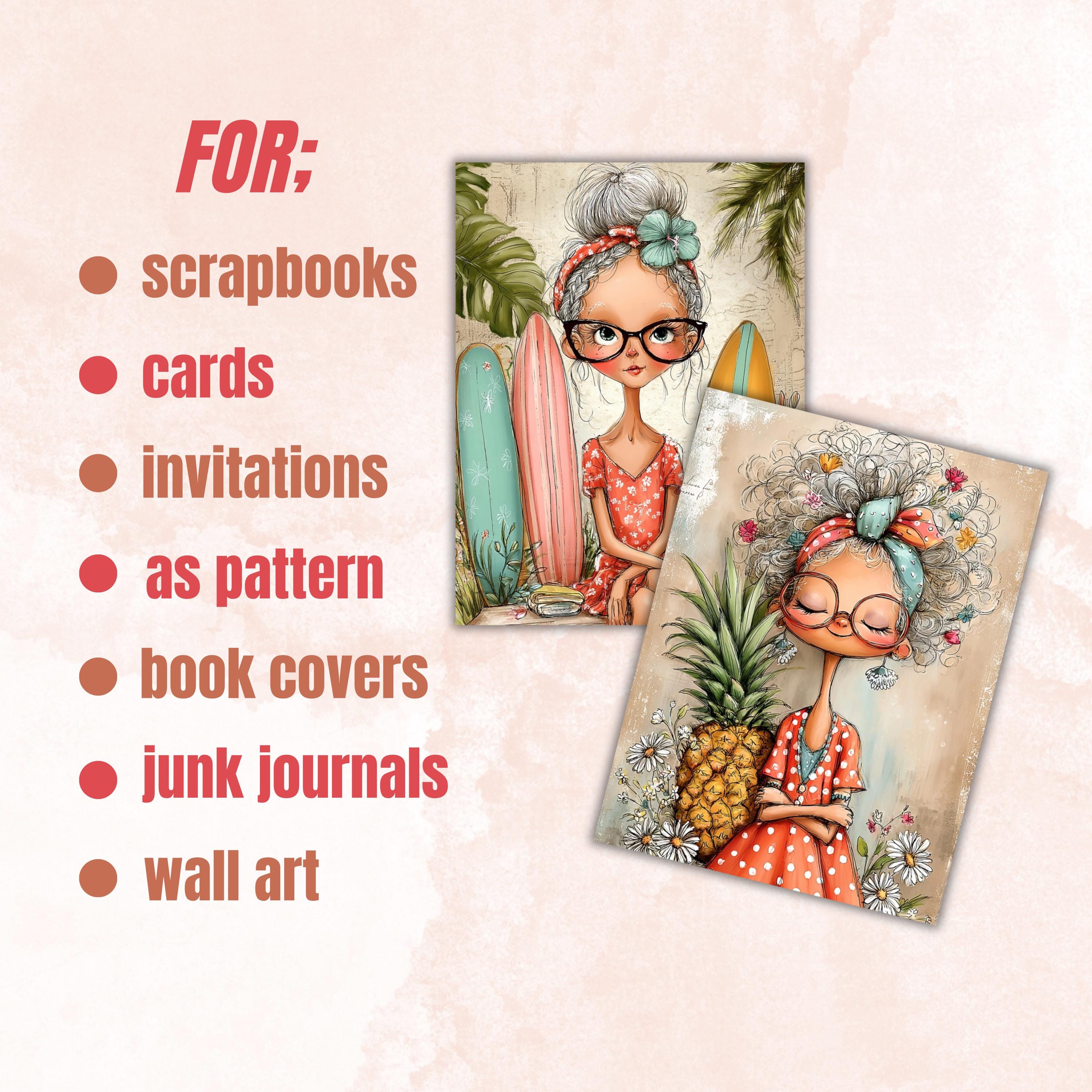 Whimsy Grandmas Digital Paper Pack | Quirky Funny Old Lady Junk Journal Scrapbook Printable, 32 Sheets Letter Size Instant Download
