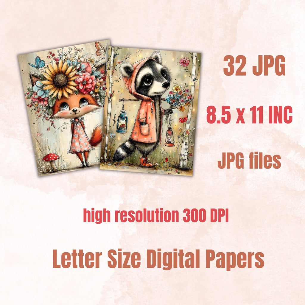 Woodland Cuties Digital Paper Set | Quirky Forest Animals Whimsical Junk Journal Scrapbook Printable, 32 Sheets Letter Size Instant Download