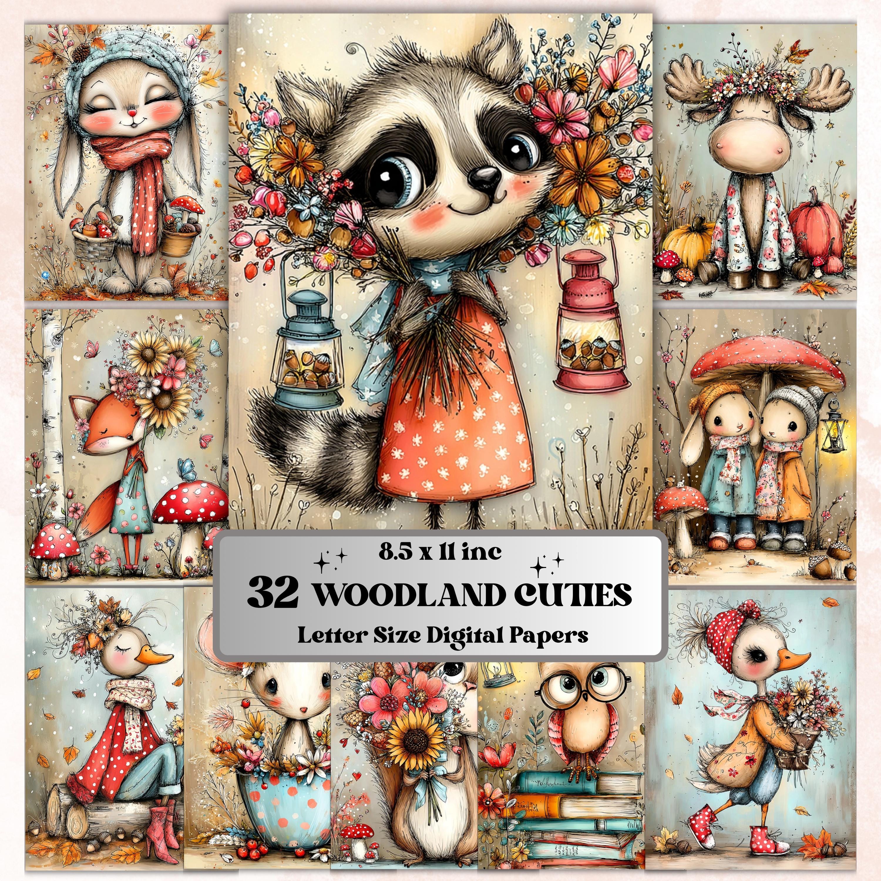 Woodland Cuties Digital Paper Set | Quirky Forest Animals Whimsical Junk Journal Scrapbook Printable, 32 Sheets Letter Size Instant Download