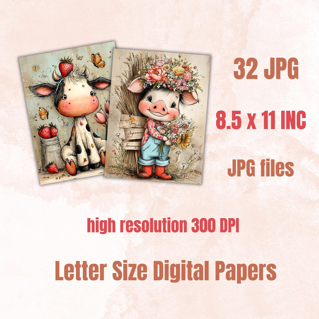 Farm Cuties Digital Paper Pack | Quirky Whimsical Barnyard Animals Junk Journal Scrapbook Printable, 32 Sheets Letter Size Instant Download