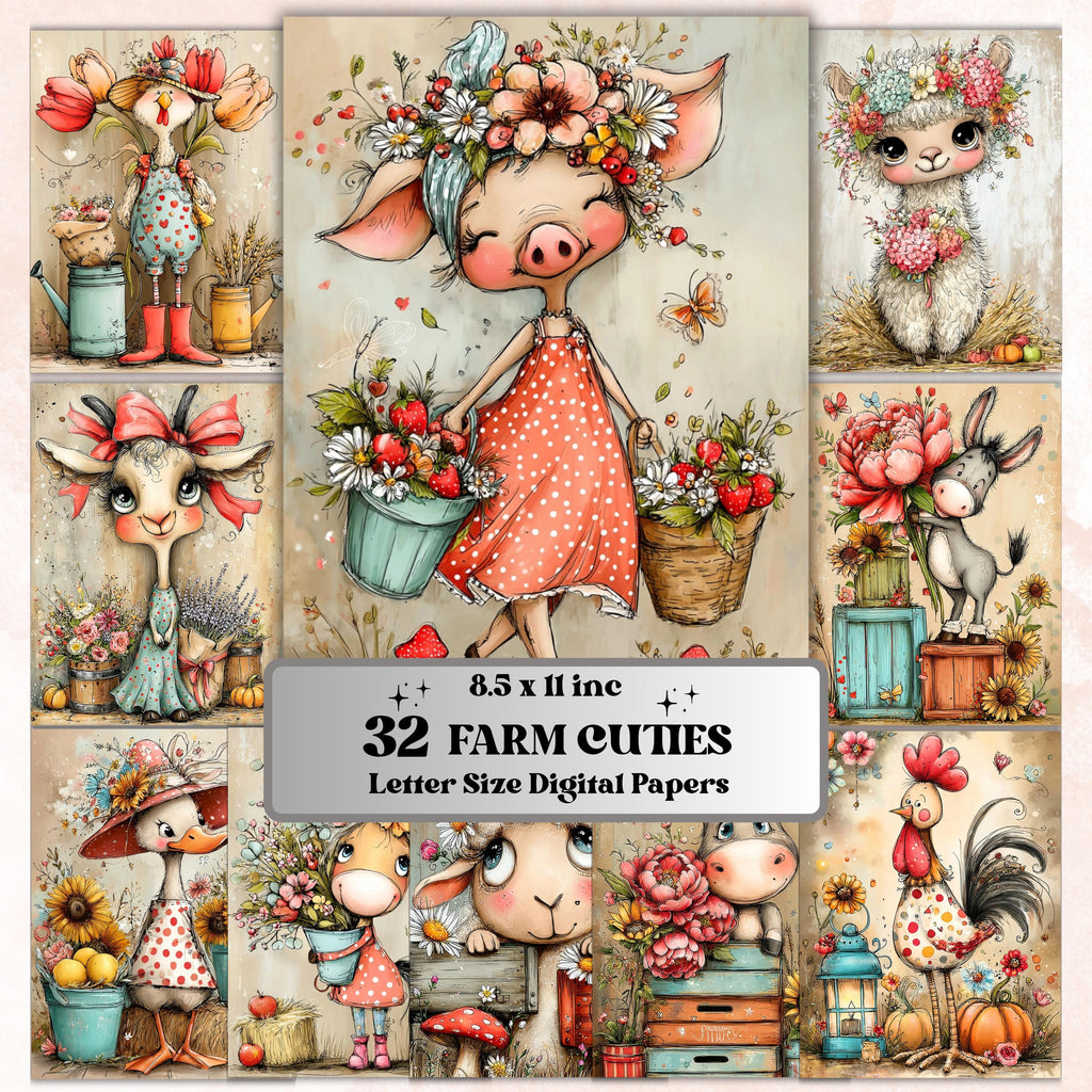 Farm Cuties Digital Paper Pack | Quirky Whimsical Barnyard Animals Junk Journal Scrapbook Printable, 32 Sheets Letter Size Instant Download