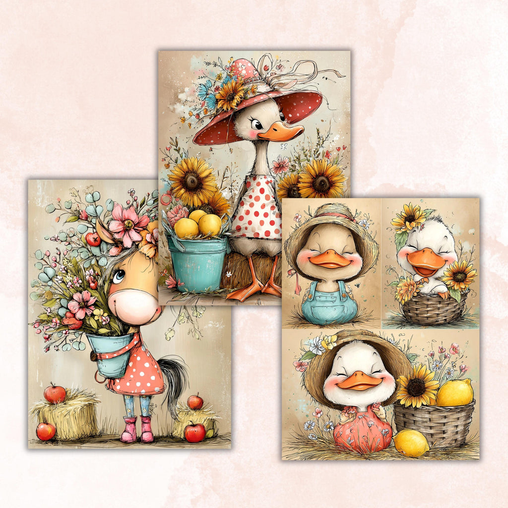 Farm Cuties Digital Paper Pack | Quirky Whimsical Barnyard Animals Junk Journal Scrapbook Printable, 32 Sheets Letter Size Instant Download