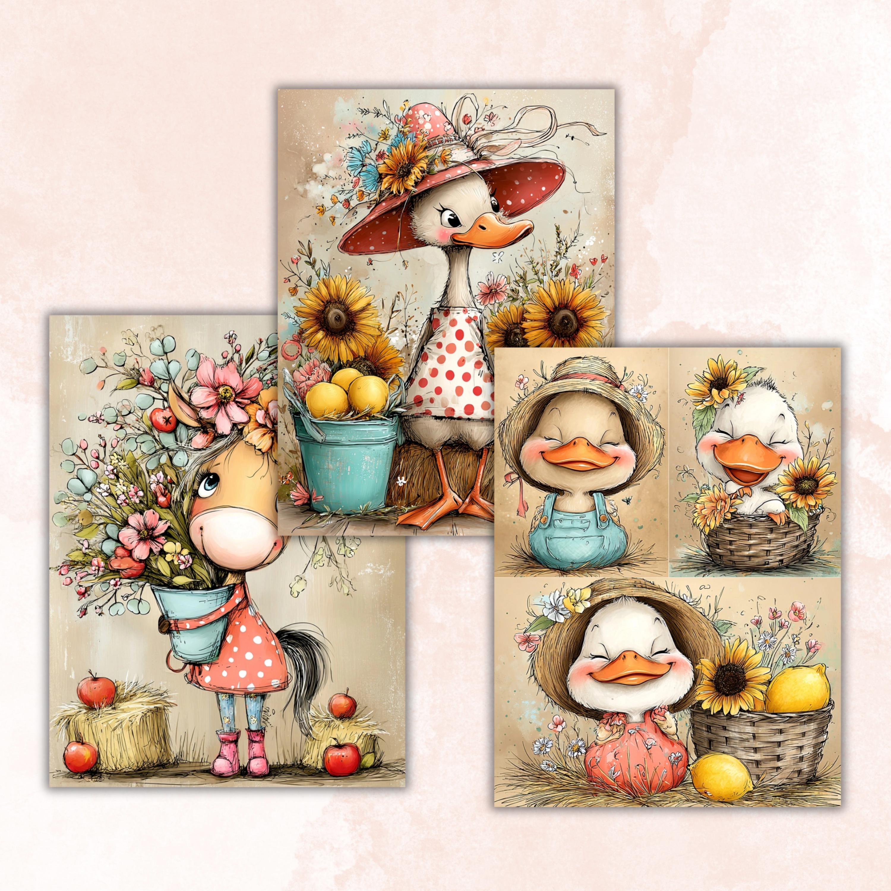 Farm Cuties Digital Paper Pack | Quirky Whimsical Barnyard Animals Junk Journal Scrapbook Printable, 32 Sheets Letter Size Instant Download