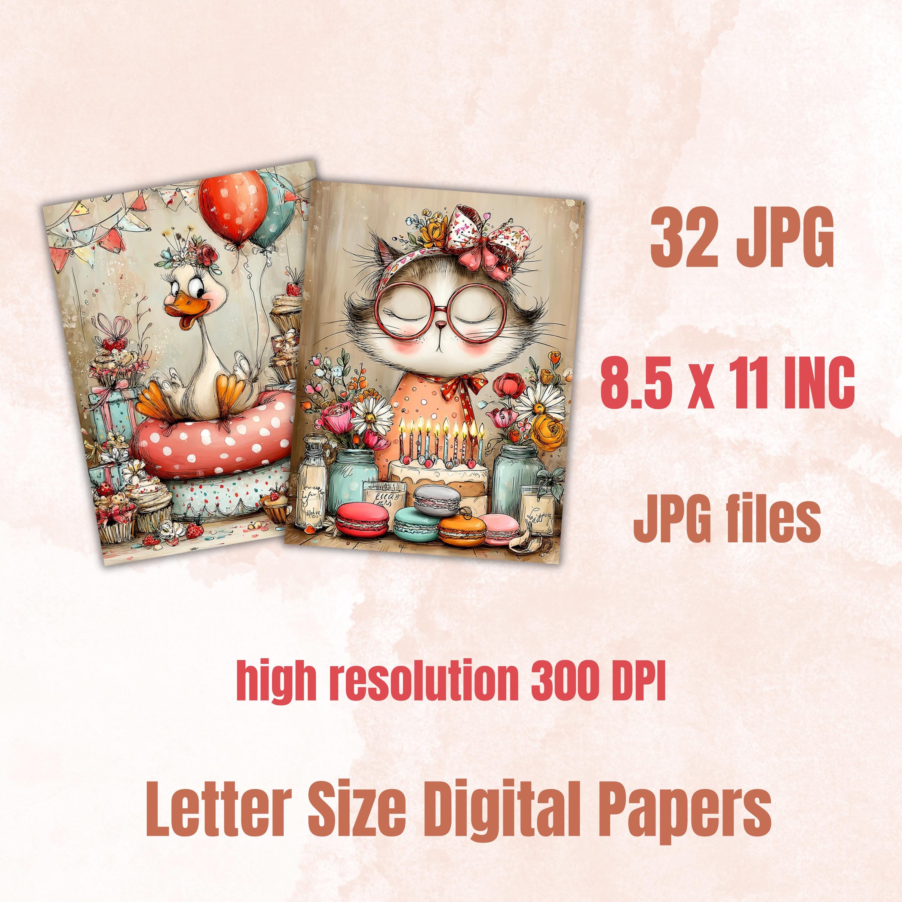 Birthday Cuties Digital Paper Pack | Quirky Whimsical Junk Journal Scrapbook (32 Sheets Letter Size)