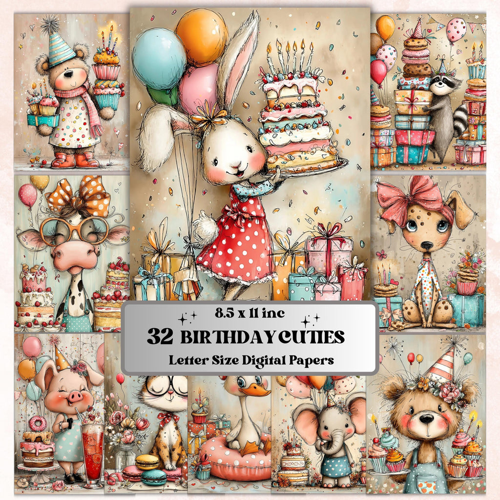 Birthday Cuties Digital Paper Pack | Quirky Whimsical Junk Journal Scrapbook (32 Sheets Letter Size)