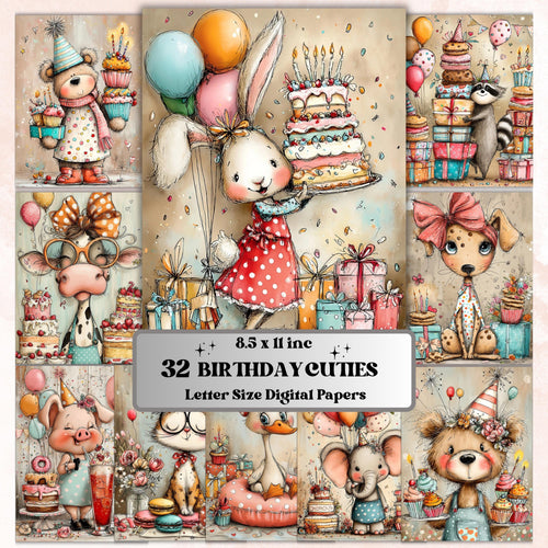 Birthday Cuties Digital Paper Pack | Quirky Whimsical Junk Journal Scrapbook (32 Sheets Letter Size)