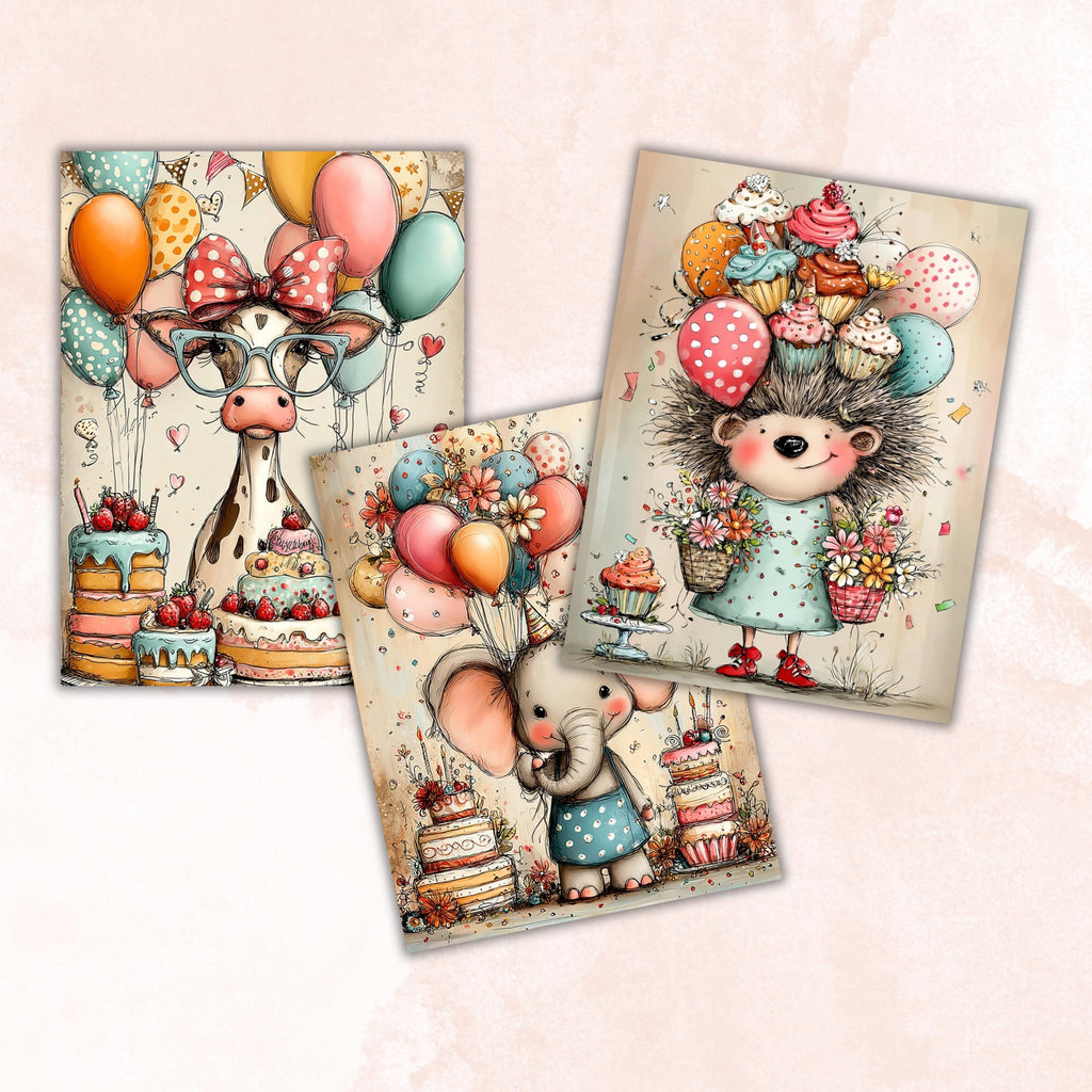 Birthday Cuties Digital Paper Pack | Quirky Whimsical Junk Journal Scrapbook (32 Sheets Letter Size)