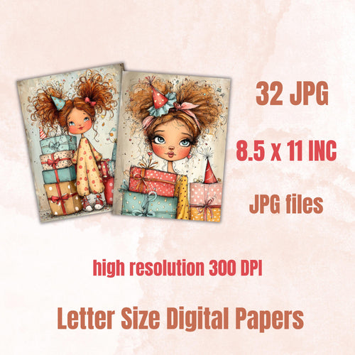 Birthday Girls Digital Paper Pack | Quirky Whimsical Junk Journal Scrapbook (32 Sheets Letter Size)
