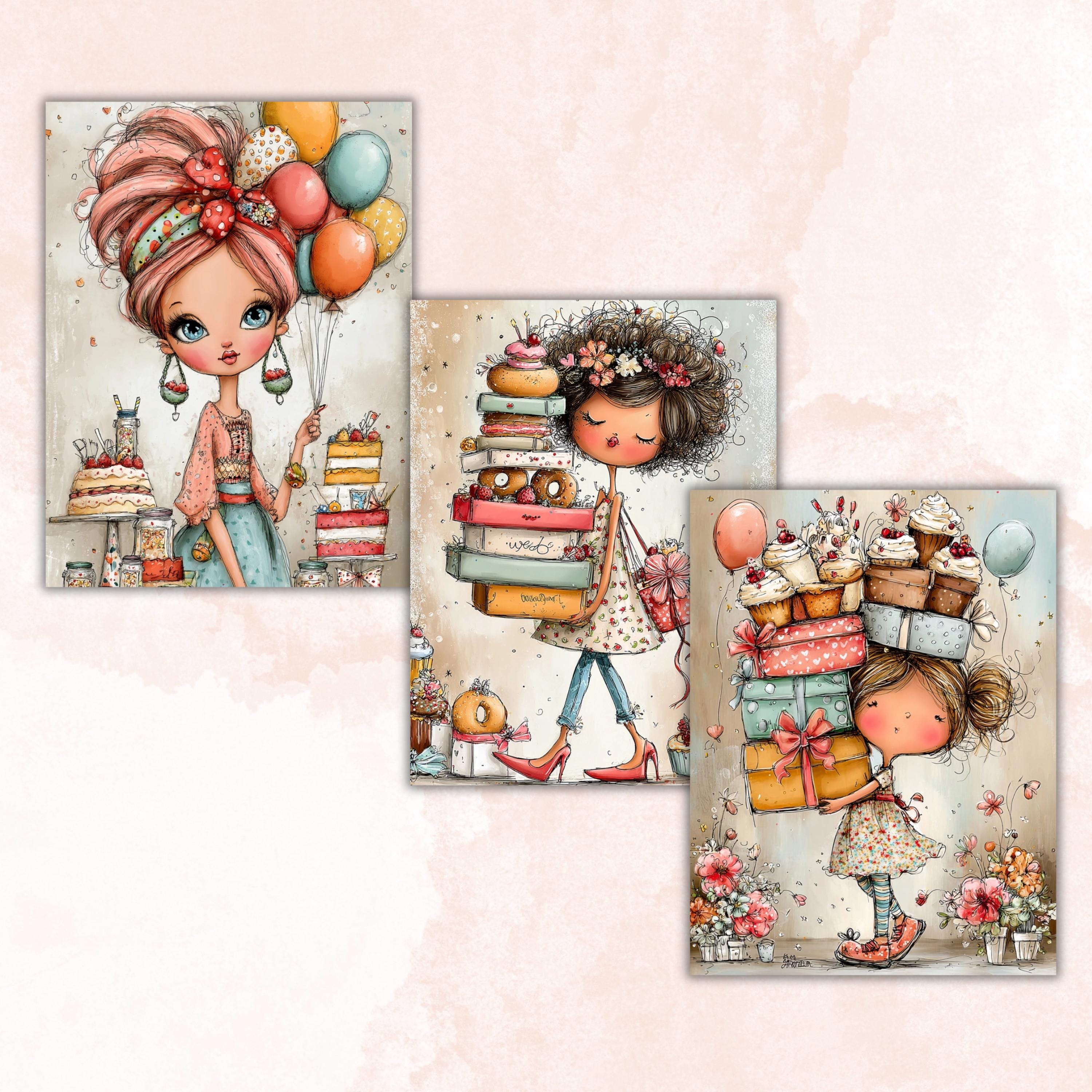 Birthday Girls Digital Paper Pack | Quirky Whimsical Junk Journal Scrapbook (32 Sheets Letter Size)