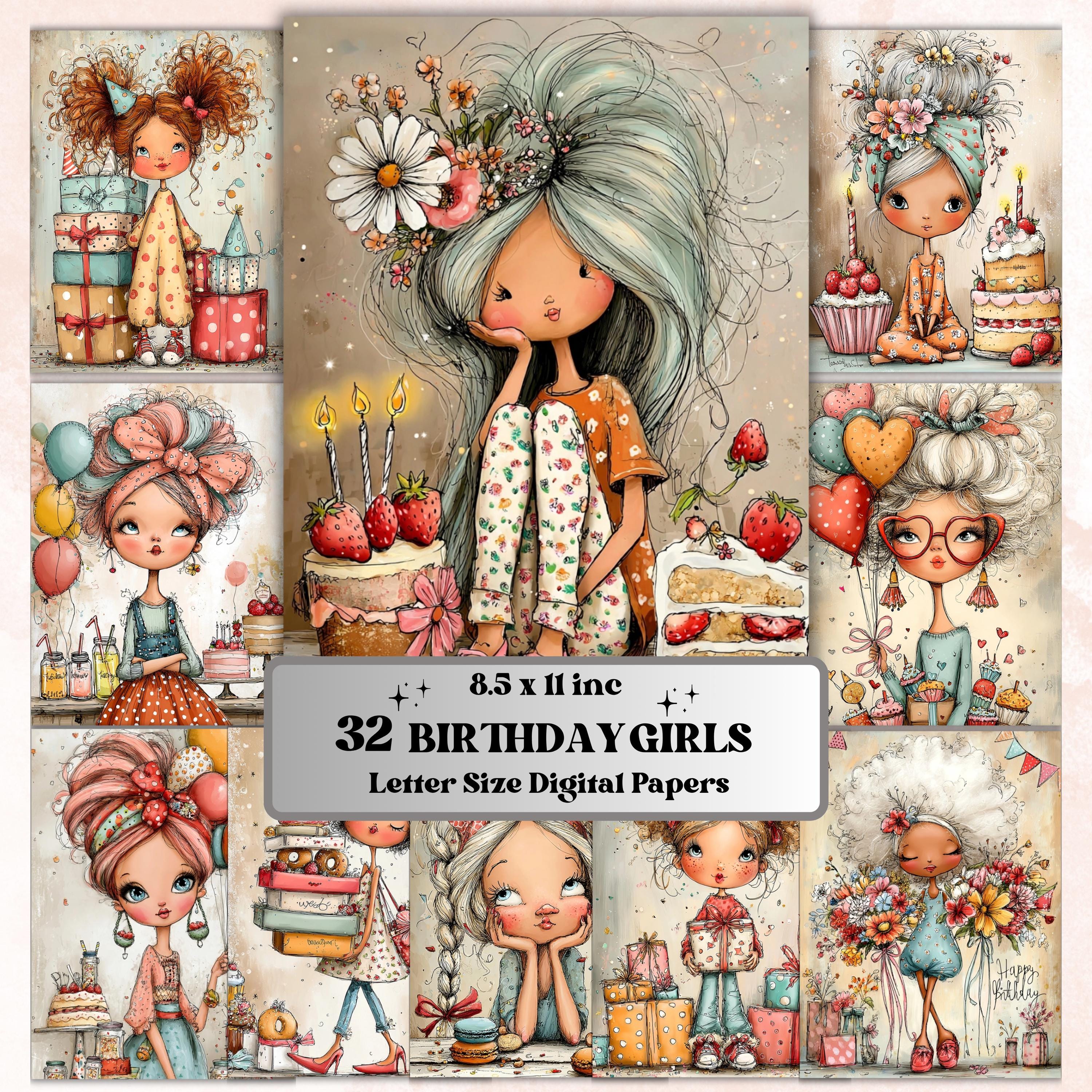 Birthday Girls Digital Paper Pack | Quirky Whimsical Junk Journal Scrapbook (32 Sheets Letter Size)