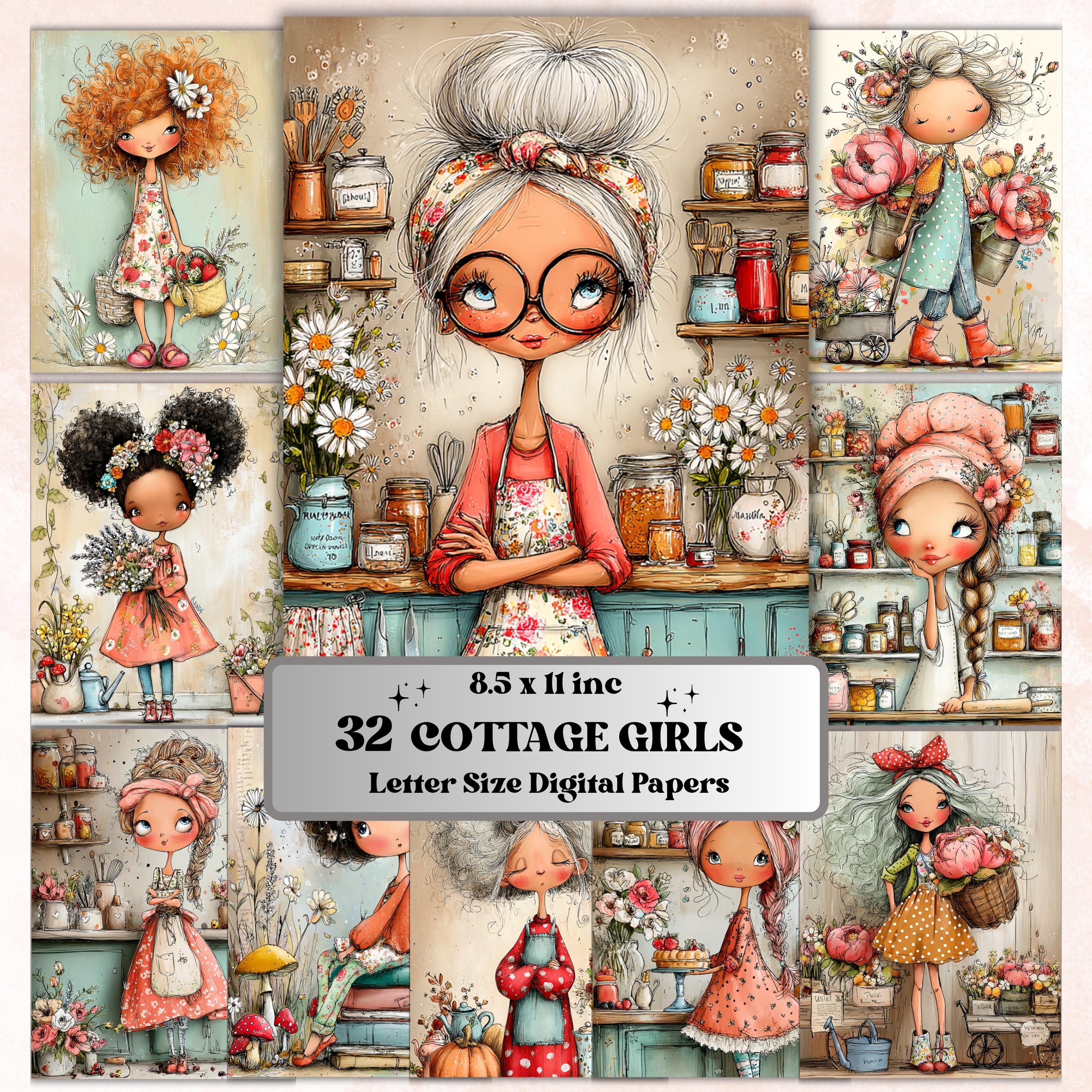 Cottage Girls Digital Paper Pack | Quirky Cottagecore Women Junk Journal Scrapbook Printable (Digital Download)
