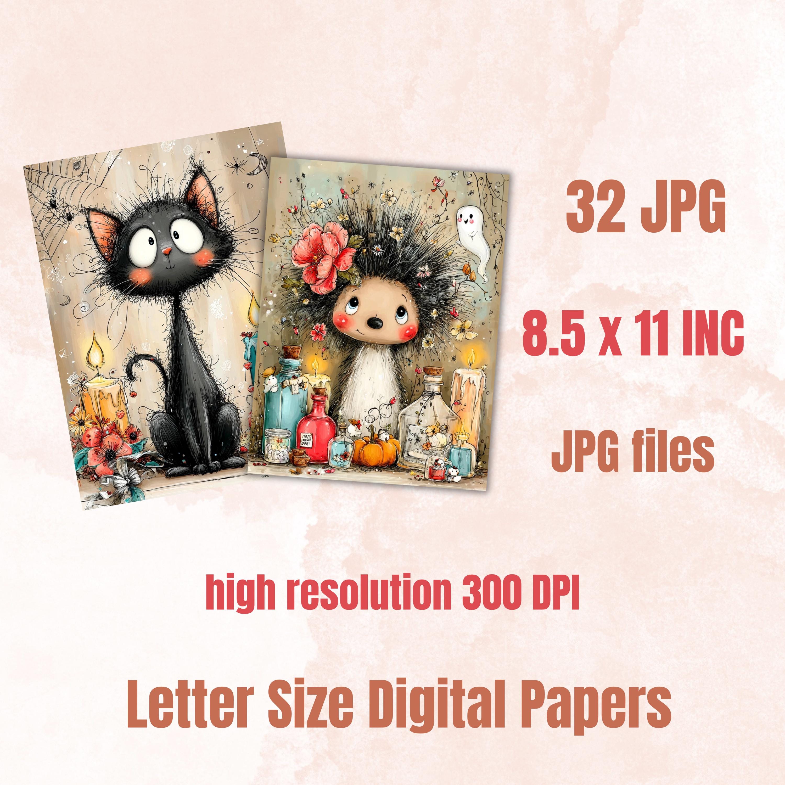 Spooky Animals Digital Paper Pack | Quirky Halloween Creatures Junk Journal (32 Sheets)