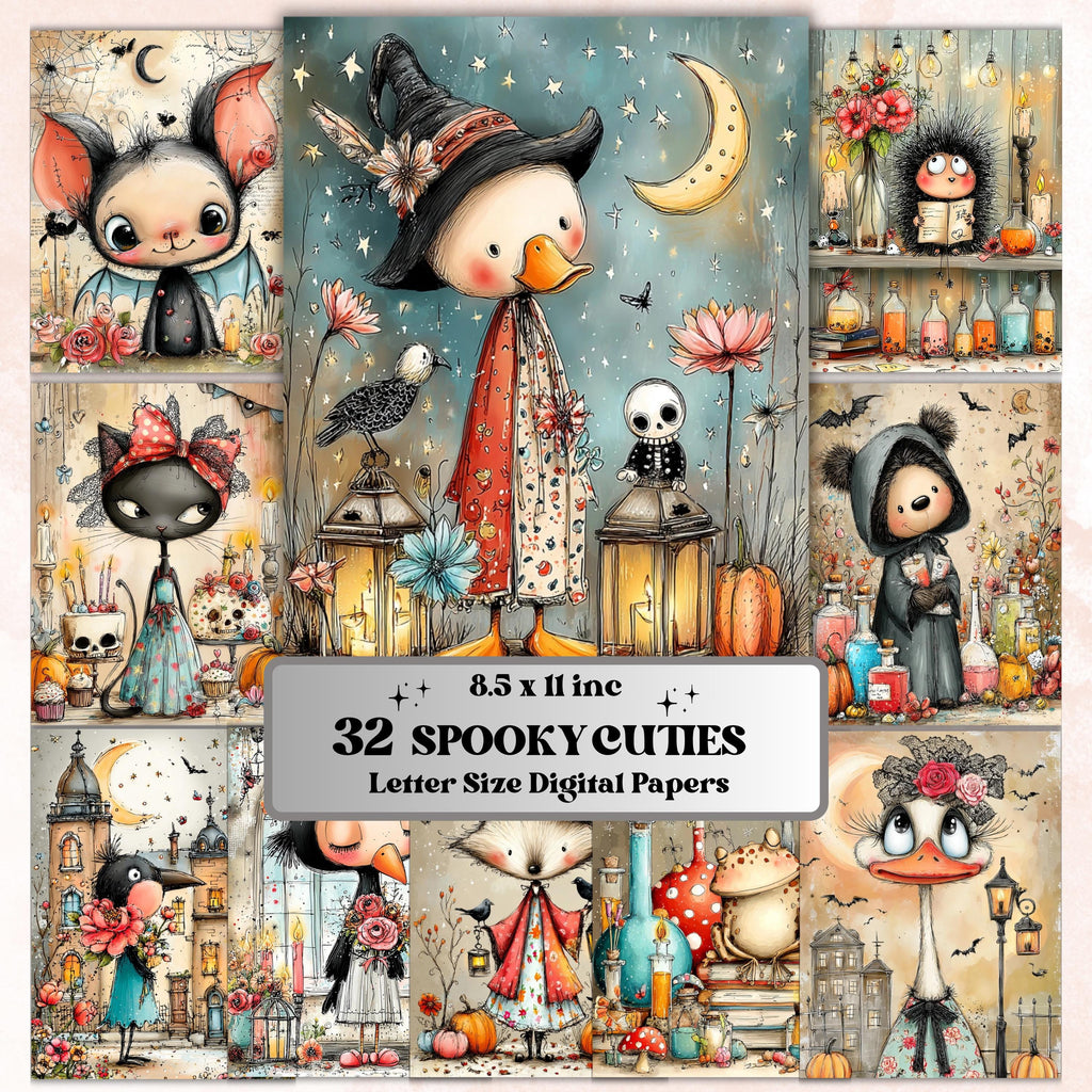 Spooky Animals Digital Paper Pack | Quirky Halloween Creatures Junk Journal (32 Sheets)