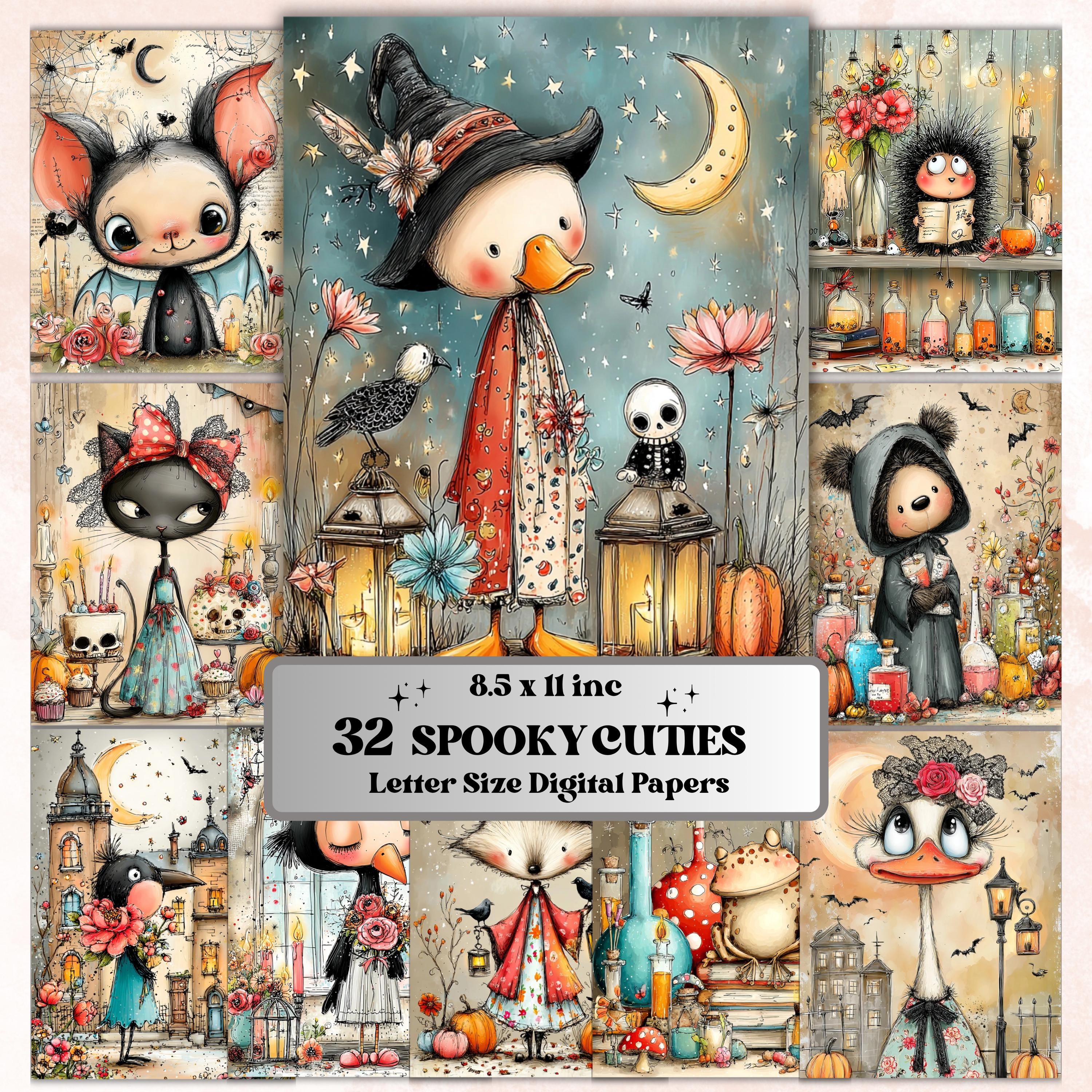 Spooky Animals Digital Paper Pack | Quirky Halloween Creatures Junk Journal (32 Sheets)
