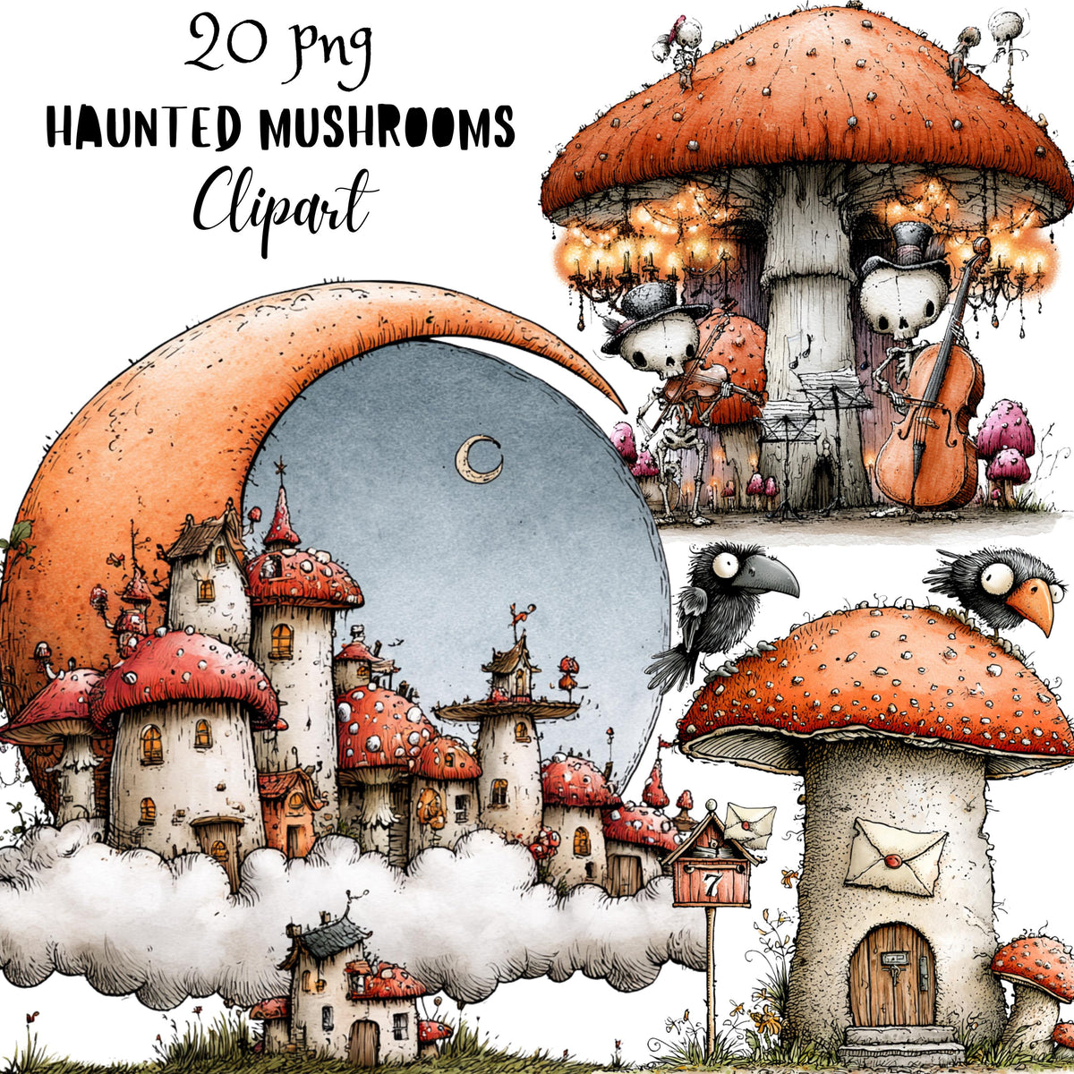 Haunted Mushrooms Quirky Clipart