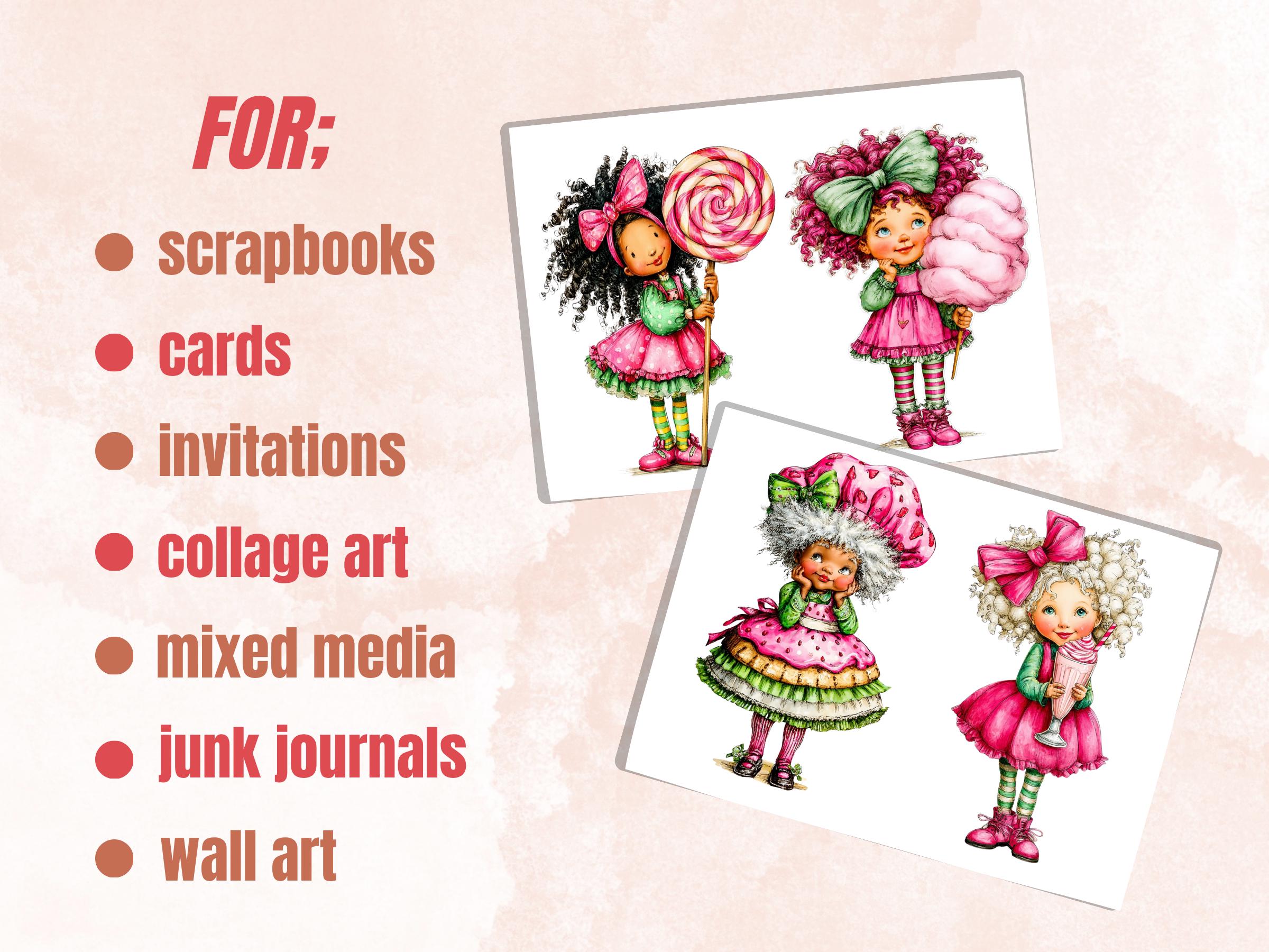 Whimsy Sweety Girls Fussy Cuts, Printable Cut Outs, Sweet Candy Ephemera, Junk Journal Scrapbook Pack, Cute Paper Craft