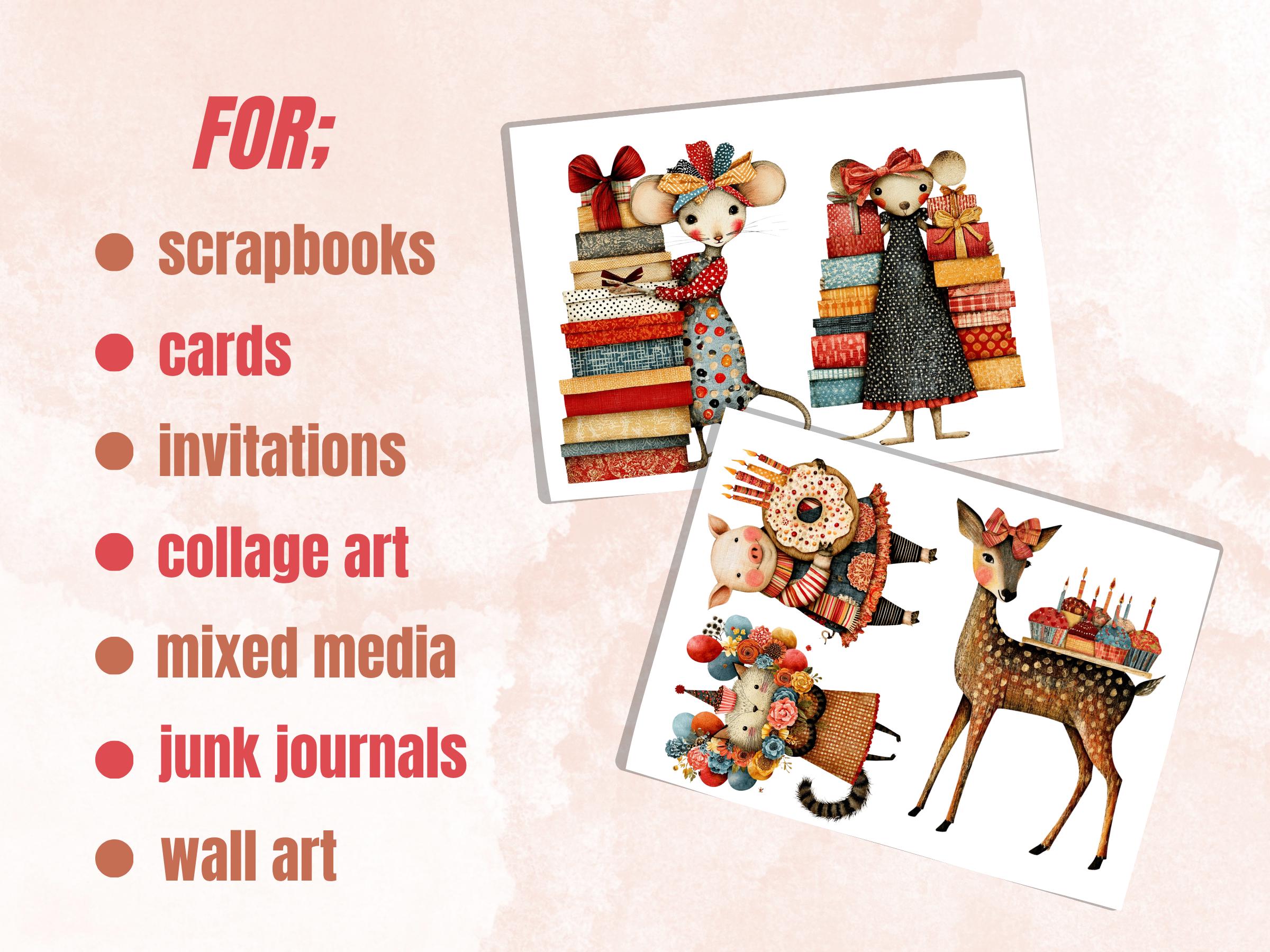 Whimsy Birthday Animals Fussy Cuts, Printable Cut Outs, Birthday Animal Ephemera, Junk Journal Scrapbook Pack, Party Paper Craft