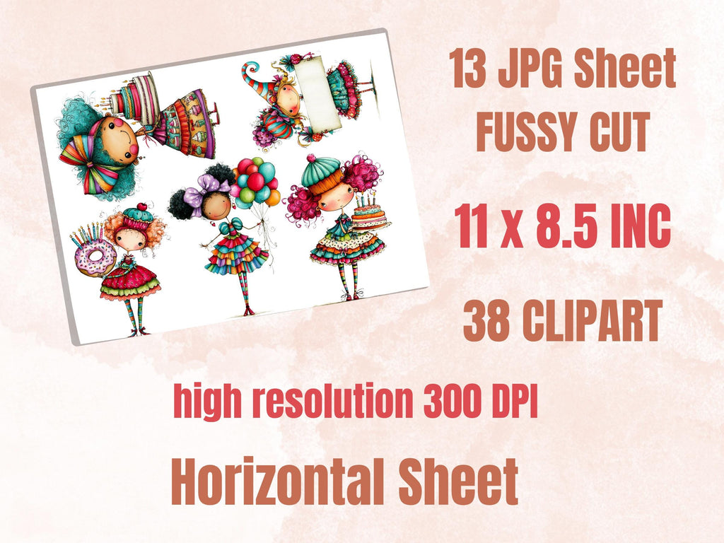 Quirky Birthday Girls Fussy Cuts, Printable Cut Outs, Birthday Girl Ephemera, Junk Journal Scrapbook Pack, Party Paper Craft