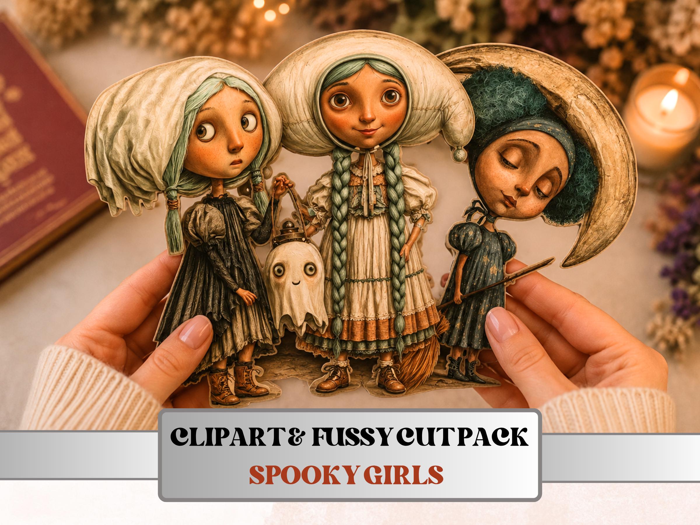 Spooky Girls Fussy Cuts, Printable Cut Outs, Halloween Girl Ephemera, Gothic Junk Journal Scrapbook Pack, Dark Paper Craft