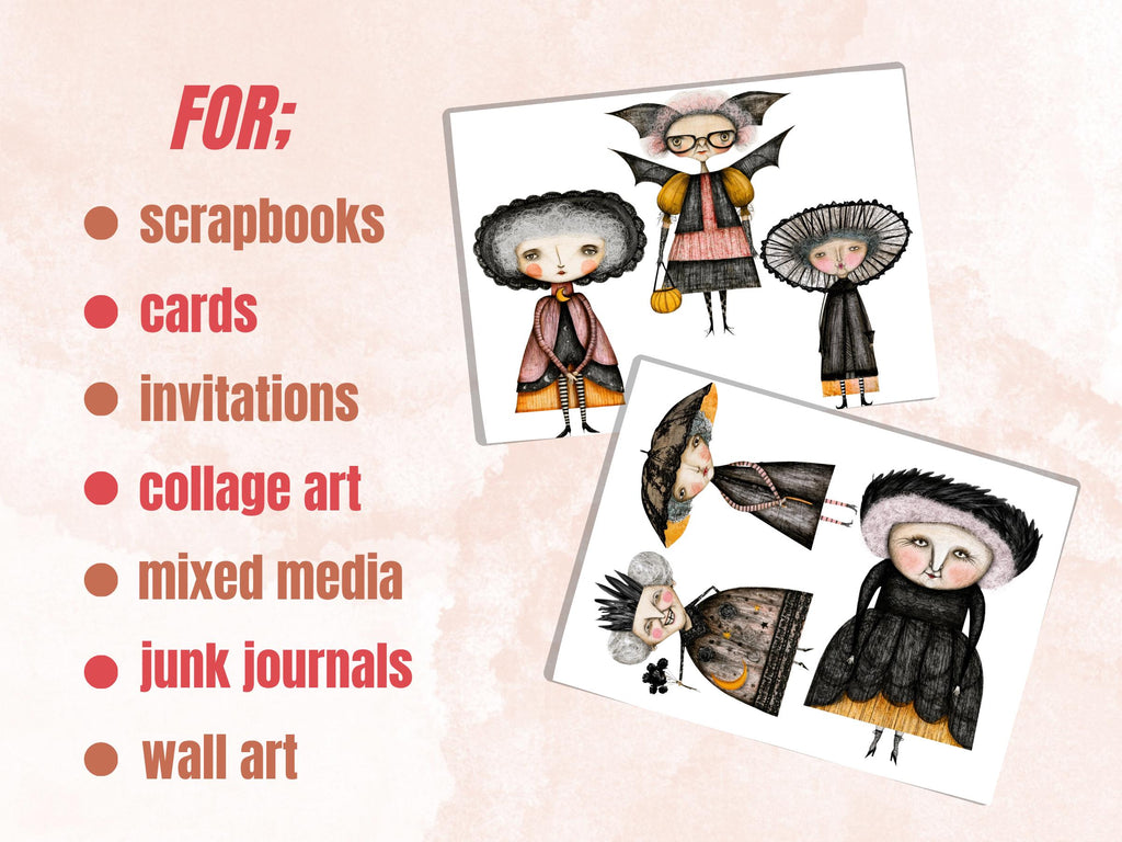 Gothic Grandmas Fussy Cuts, Printable Cut Outs, Quirky Gothic Ephemera, Junk Journal Scrapbook Pack, Dark Whimsy Craft