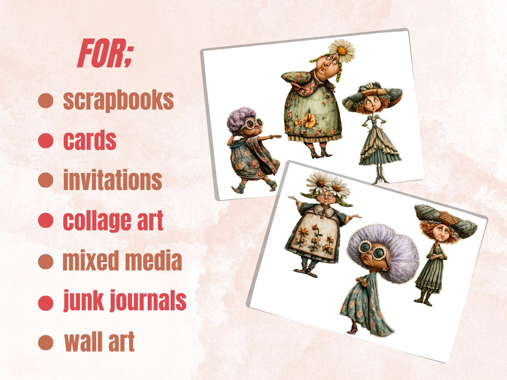 Fashionable Grandmas Fussy Cuts, Printable Cut Outs, Quirky Grandma Ephemera, Junk Journal Scrapbook Pack, Whimsy Paper Craft