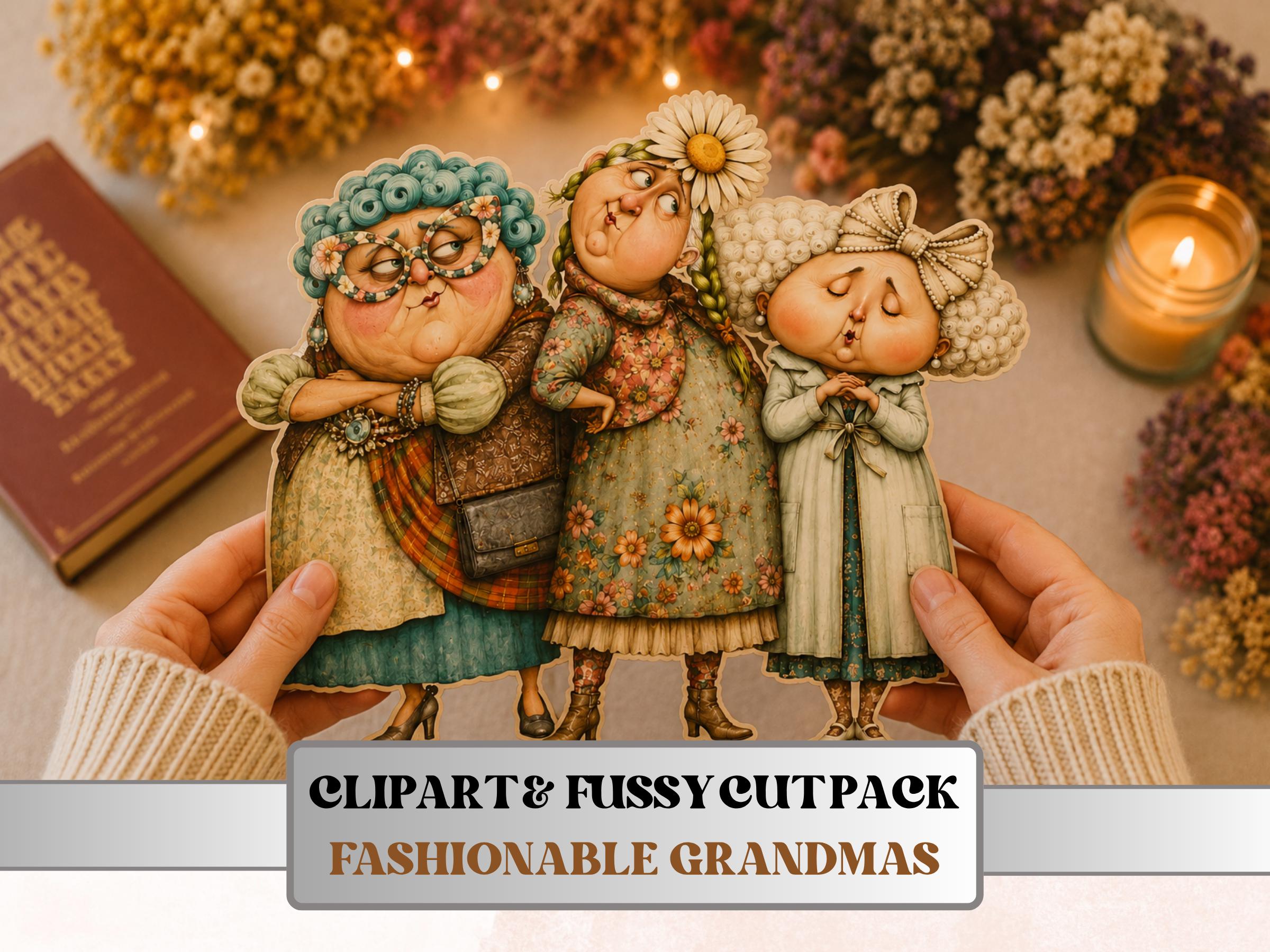 Fashionable Grandmas Fussy Cuts, Printable Cut Outs, Quirky Grandma Ephemera, Junk Journal Scrapbook Pack, Whimsy Paper Craft