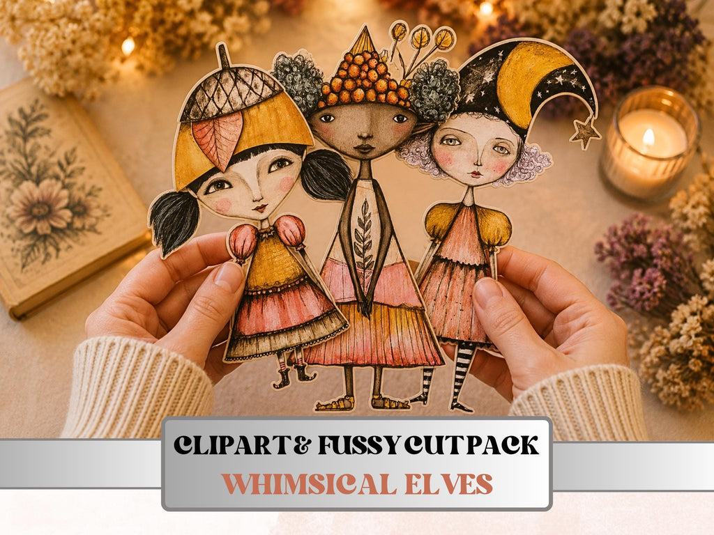 Whimsical Elves Fussy Cuts, Printable Cut Outs, Fantasy Elf Ephemera, Junk Journal Scrapbook Pack, Magical Paper Craft