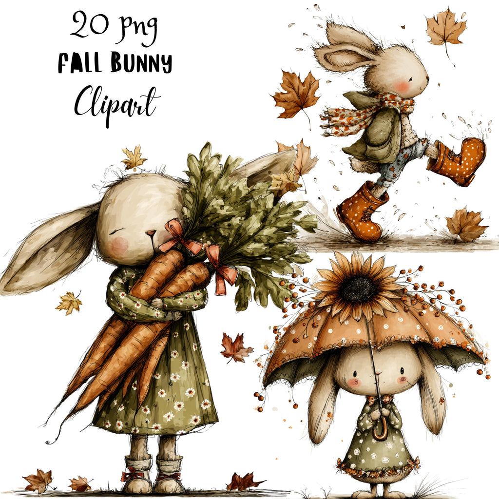 Fall Bunny Whimsical Clipart Bundle