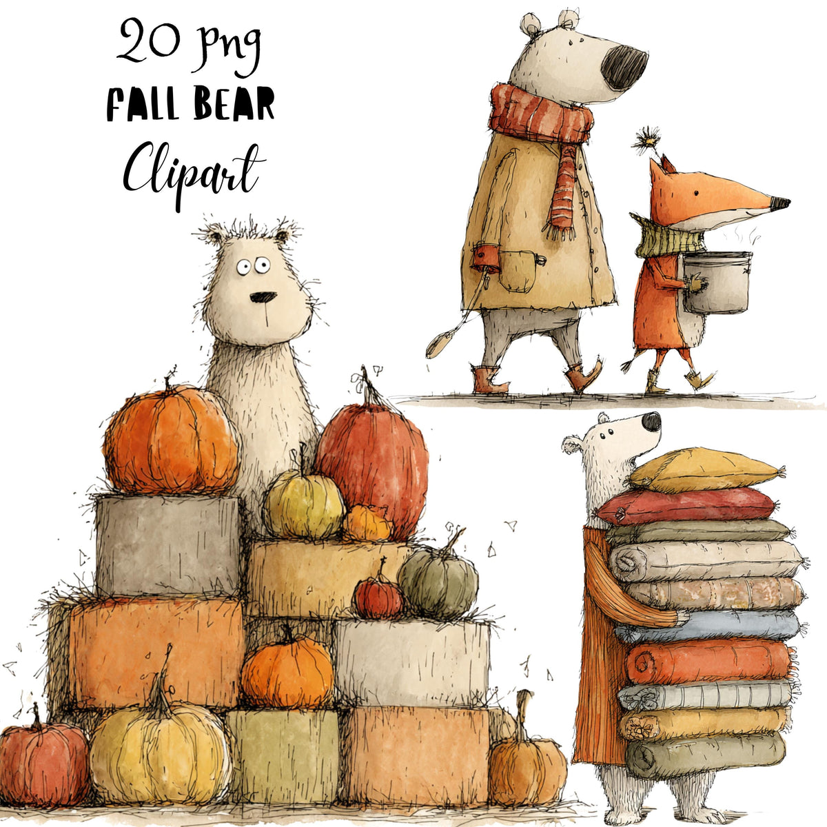 Fall Bear Whimsical Clipart Bundle