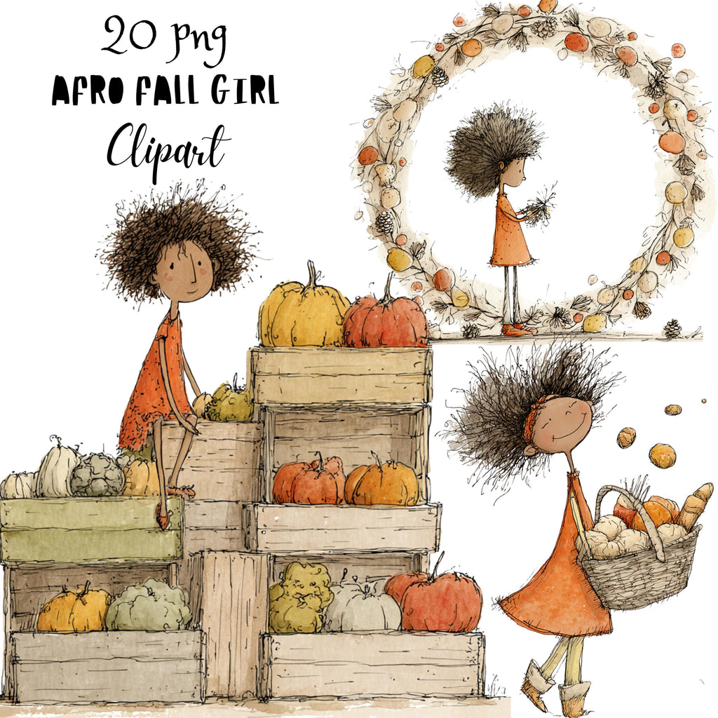 Afro Fall Girl Whimsical Clipart Bundle