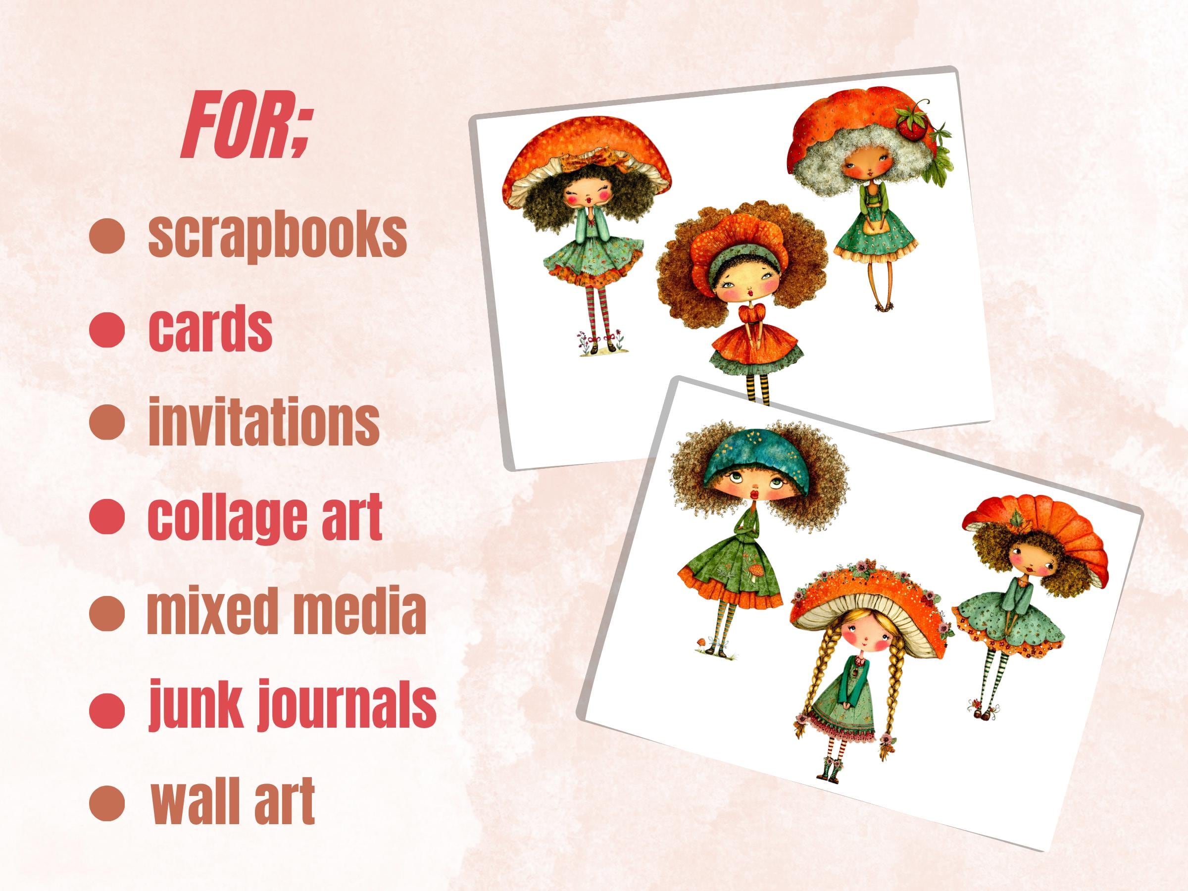 Whimsical Mushroom Girls Fussy Cuts, Printable Cut Outs, Junk Journal Ephemera, Cottagecore Scrapbook Pack, Fantasy Paper Craft
