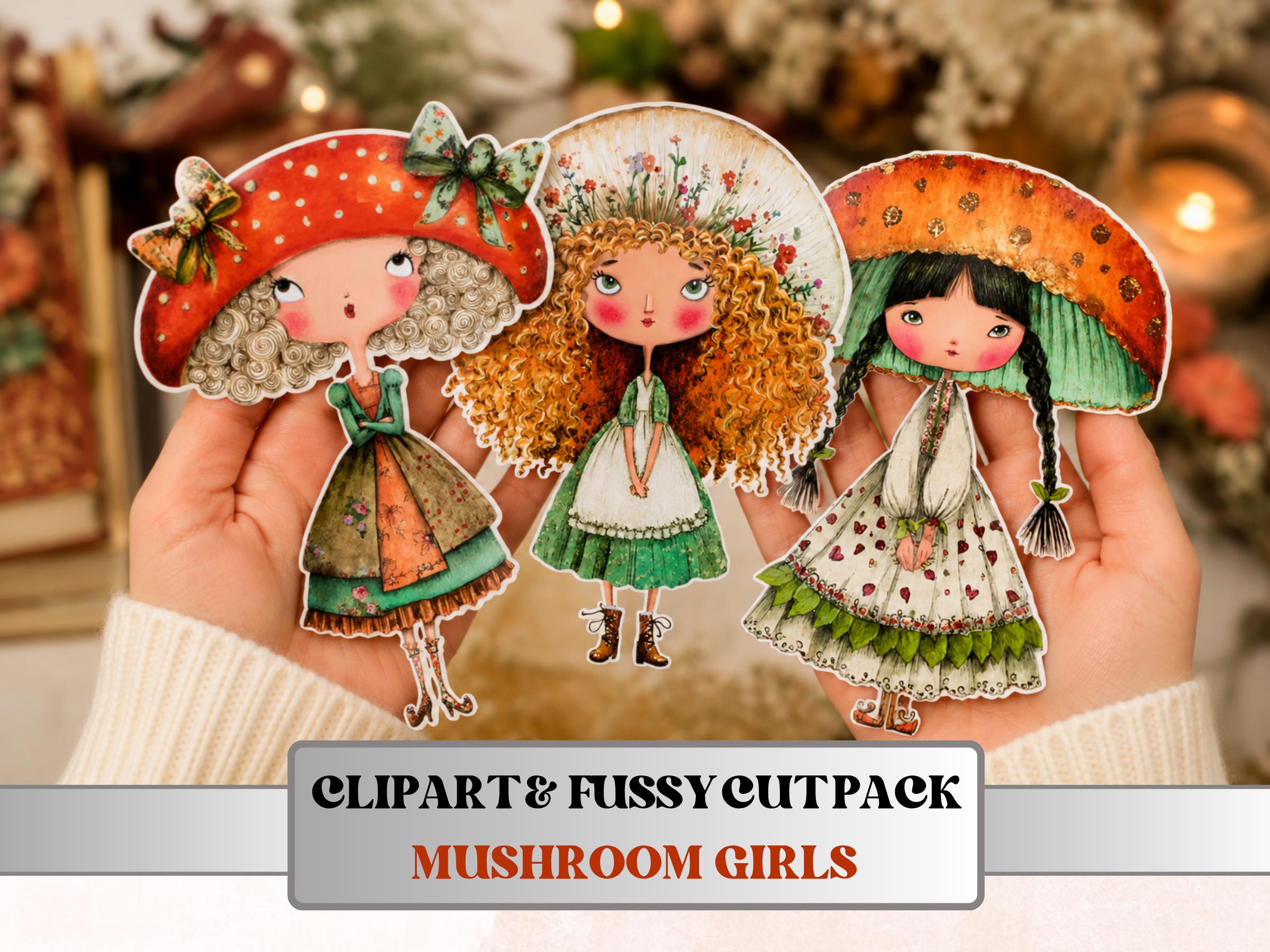 Whimsical Mushroom Girls Fussy Cuts, Printable Cut Outs, Junk Journal Ephemera, Cottagecore Scrapbook Pack, Fantasy Paper Craft