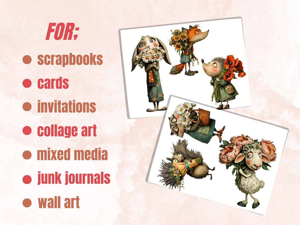 Quirky Animals with Flowers Fussy Cuts, Printable Cut Outs, Floral Animal Ephemera, Junk Journal Scrapbook Pack, Cuties Paper Craft