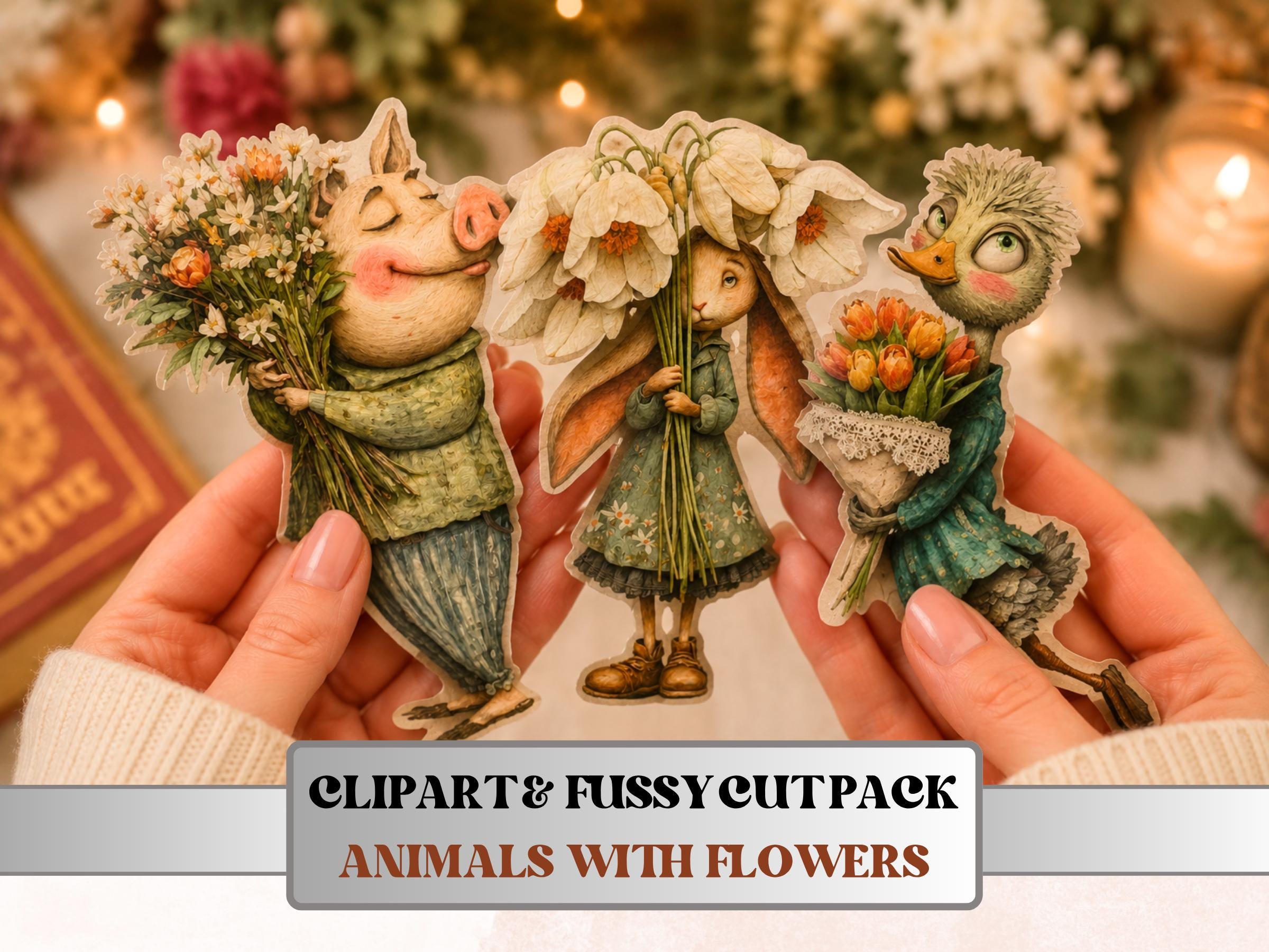 Quirky Animals with Flowers Fussy Cuts, Printable Cut Outs, Floral Animal Ephemera, Junk Journal Scrapbook Pack, Cuties Paper Craft