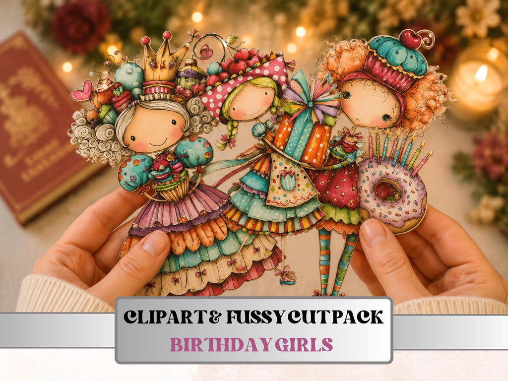 Quirky Birthday Girls Fussy Cuts, Printable Cut Outs, Birthday Girl Ephemera, Junk Journal Scrapbook Pack, Party Paper Craft