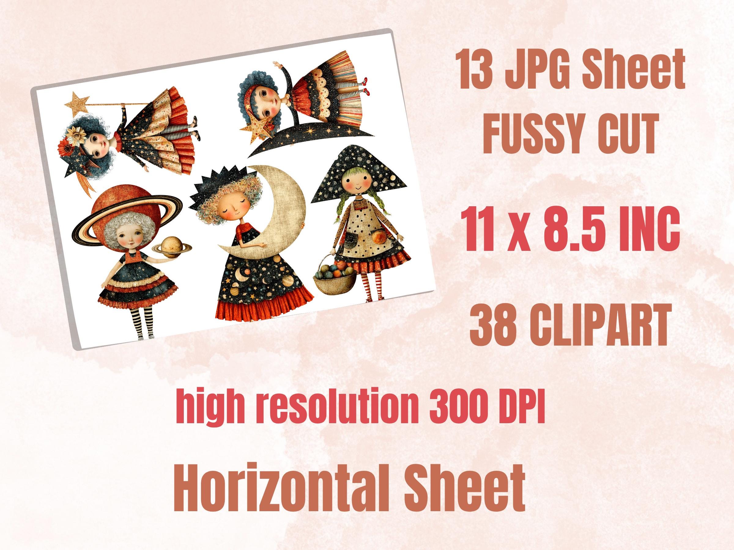 Celestial Girls Fussy Cuts, Printable Cut Outs, Moon Star Ephemera, Junk Journal Scrapbook Pack, Mystical Paper Craft