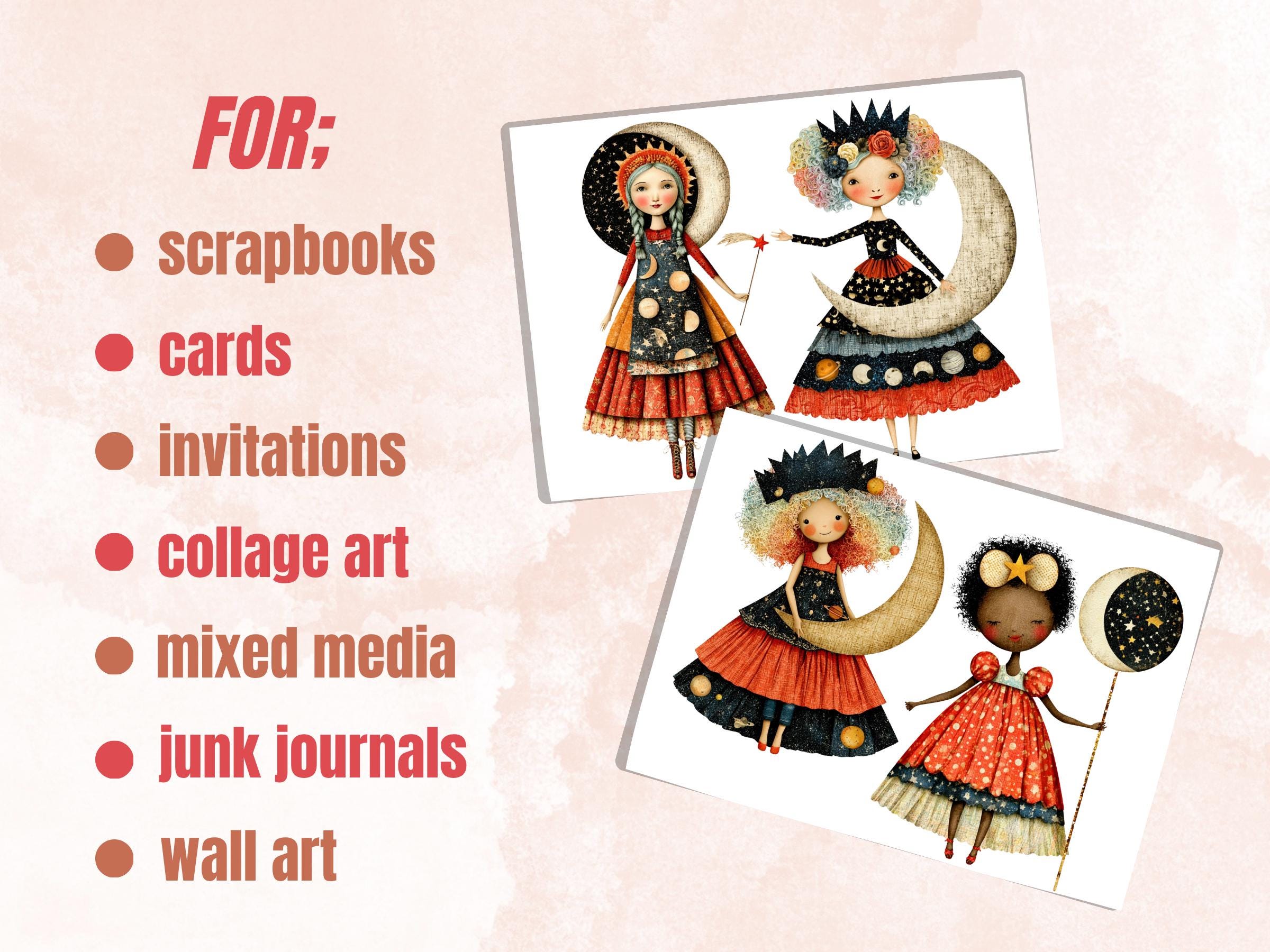 Celestial Girls Fussy Cuts, Printable Cut Outs, Moon Star Ephemera, Junk Journal Scrapbook Pack, Mystical Paper Craft