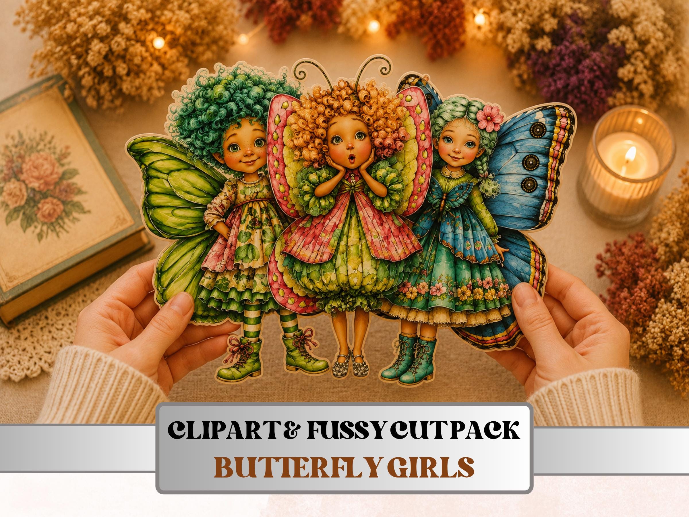 Butterfly Girls Fussy Cuts, Printable Cut Outs, Butterfly Ephemera, Junk Journal Scrapbook Pack, Whimsical Paper Craft