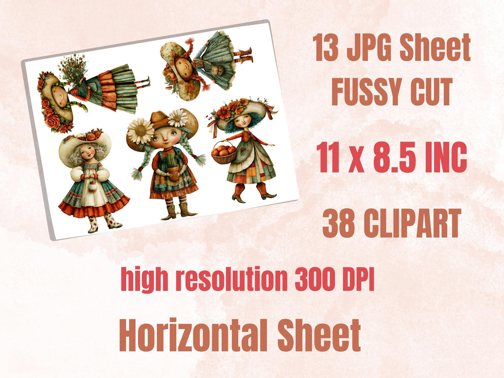 Whimsy Cowgirls Fussy Cuts, Printable Cut Outs, Western Girl Ephemera, Junk Journal Scrapbook Pack, Country Paper Craft