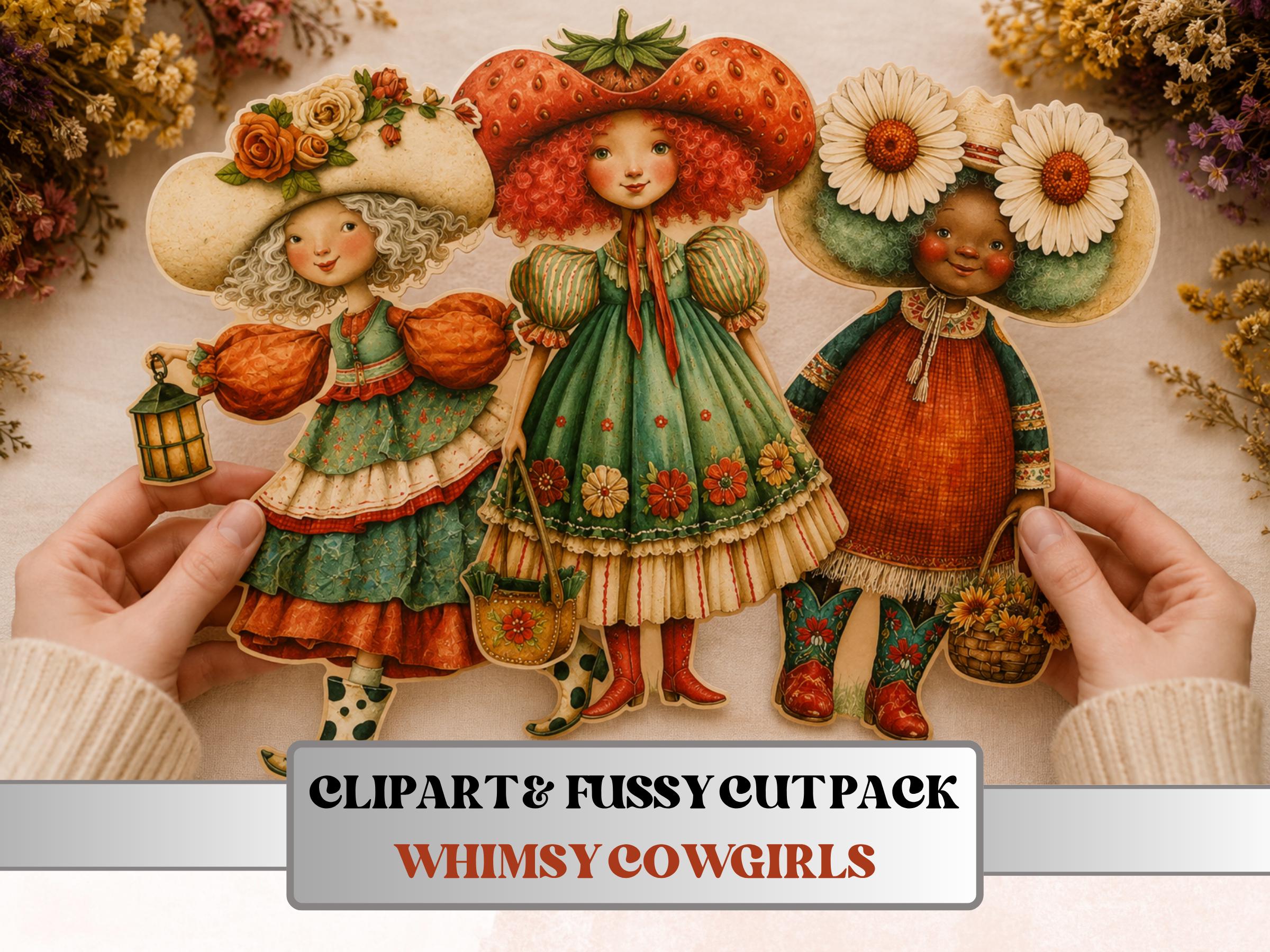 Whimsy Cowgirls Fussy Cuts, Printable Cut Outs, Western Girl Ephemera, Junk Journal Scrapbook Pack, Country Paper Craft