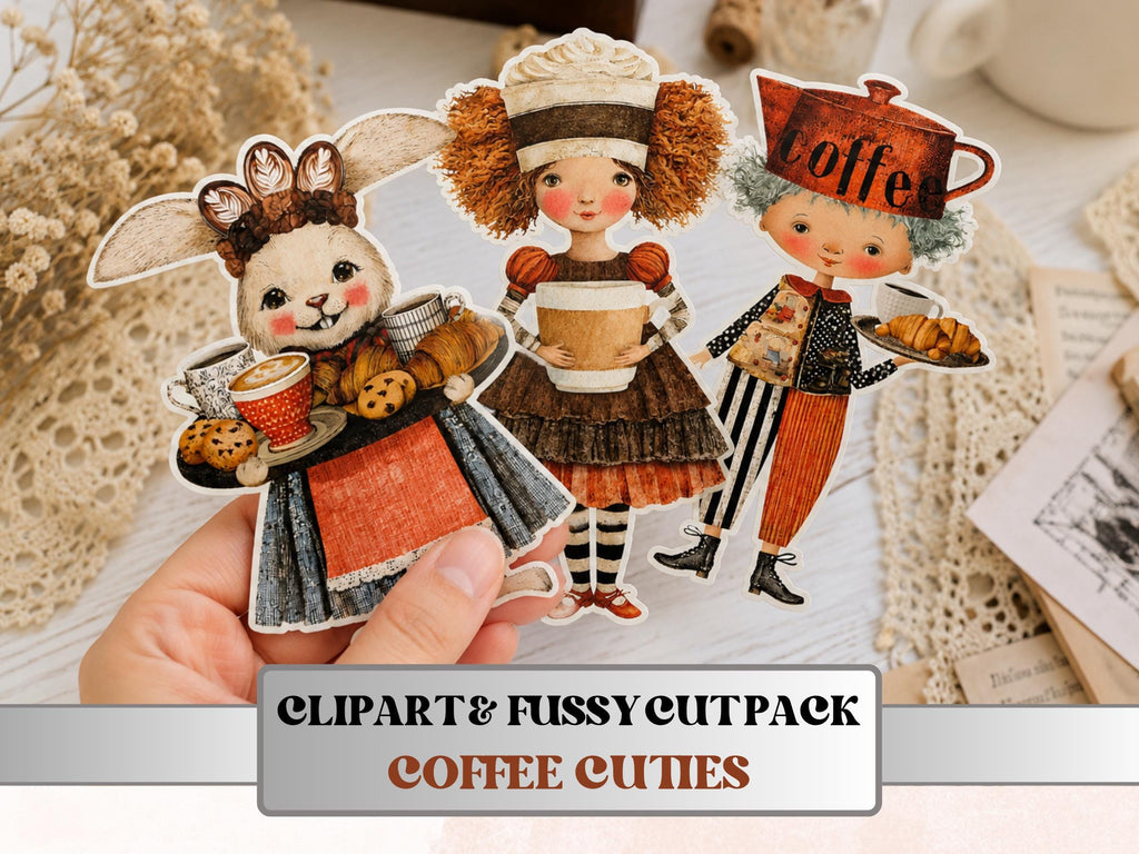 Coffee Cuties Fussy Cuts & Clipart, Printable Coffee Cut Outs, Coffee Ephemera, Junk Journal Scrapbook Kit, Cozy Paper Craft